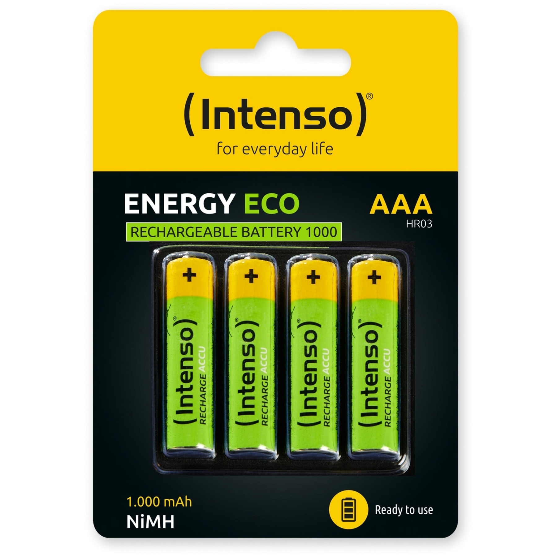 Cztery baterie AAA w opakowaniu. Tło jest ciemnozielone. Baterie są zielone i żółte.