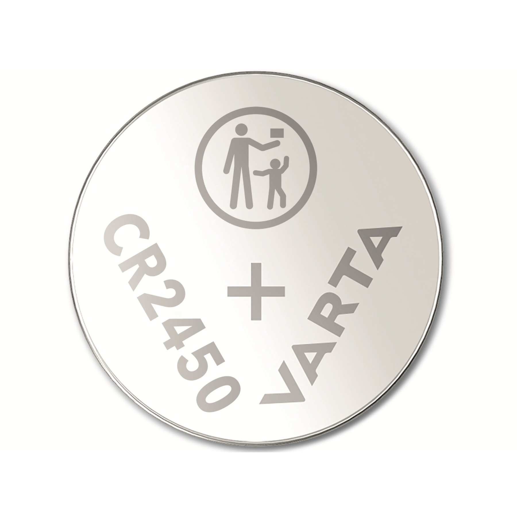 Srebrna okrągła bateria z napisem CR2450, VARTA i symbolem bezpieczeństwa dzieci.