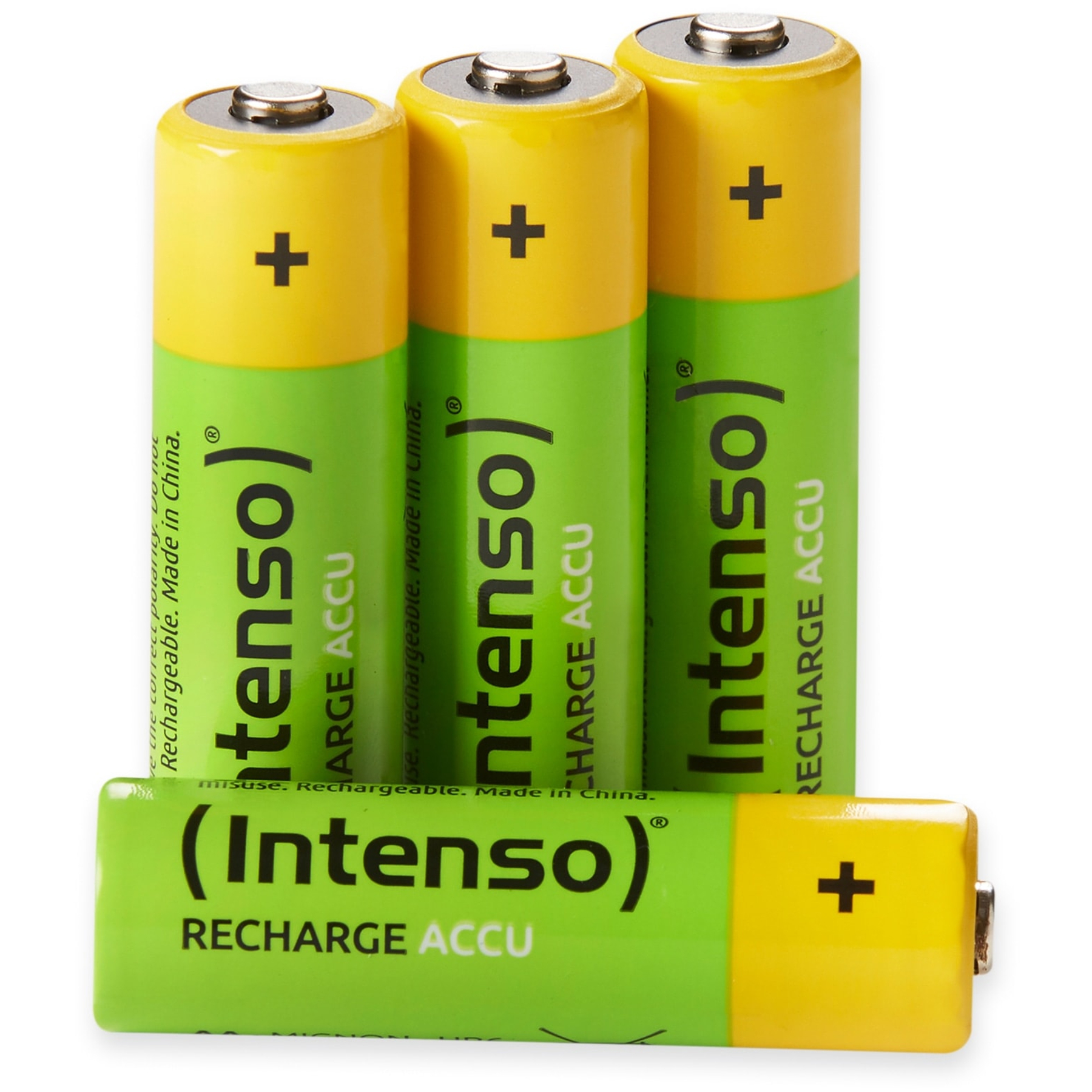 Tre batterie AA sono gialle e verdi, con un simbolo più. Una batteria è piatta.