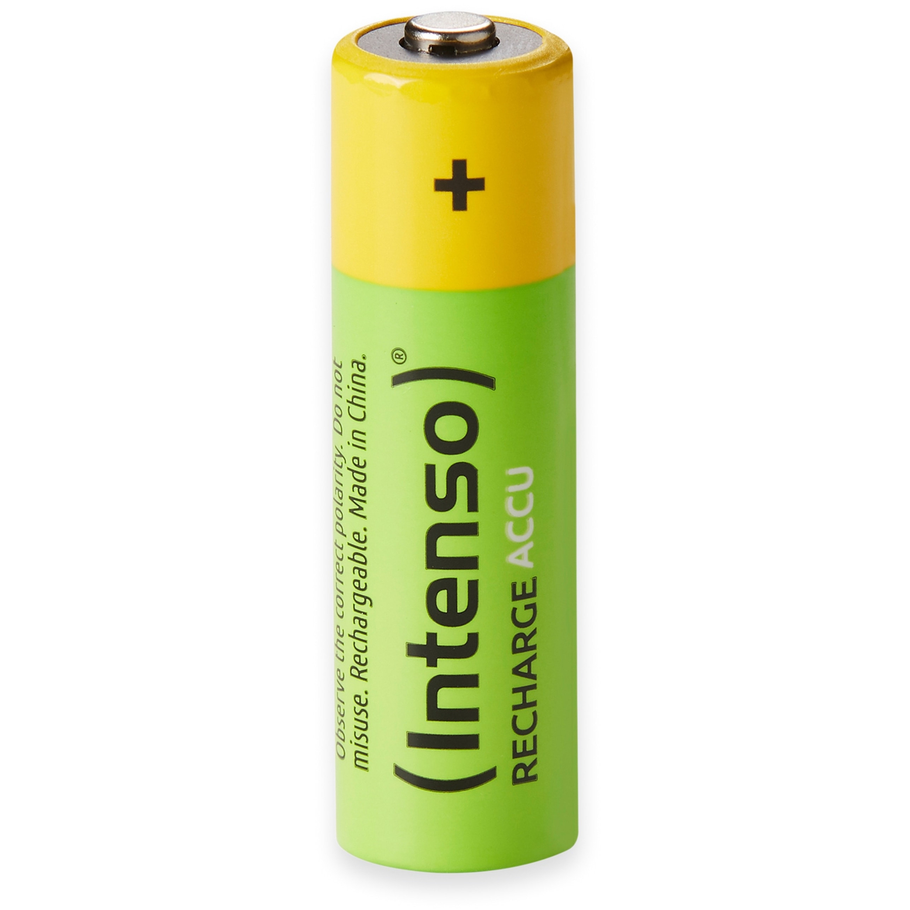 Una batteria AA verde e gialla con un simbolo più. La batteria è etichettata con testo.