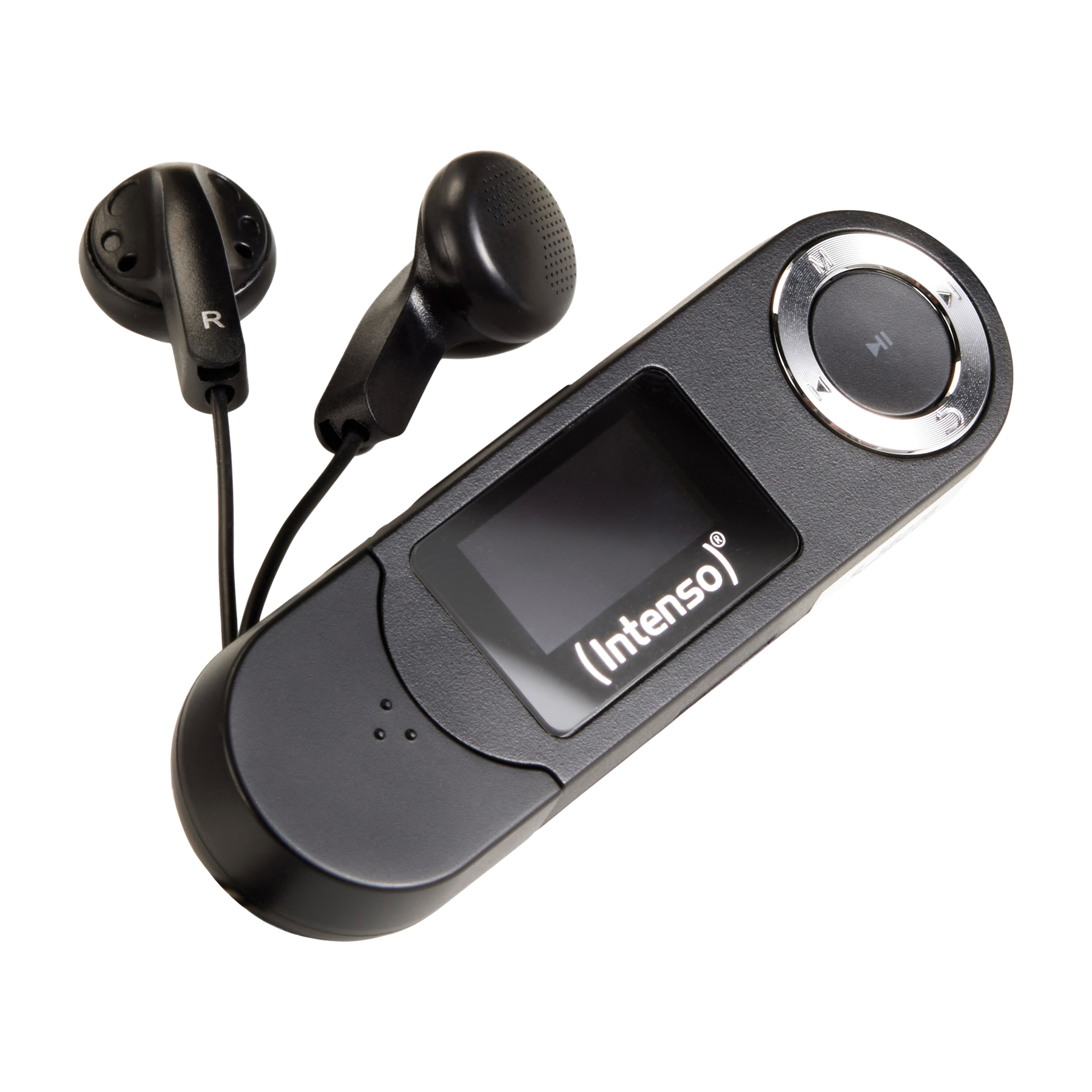 Schwarzer MP3-Player mit Kopfhörern. Schwarzer Bildschirm, silberner Knopf. Weißer Hintergrund.