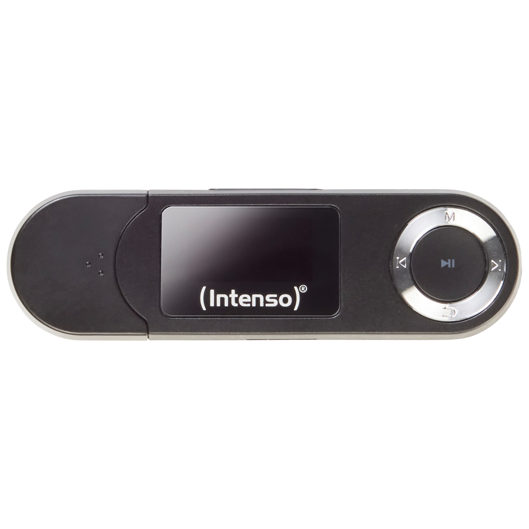 Schwarzer MP3-Player mit kleinem Bildschirm und Steuertasten. Die Marke Intenso ist sichtbar.