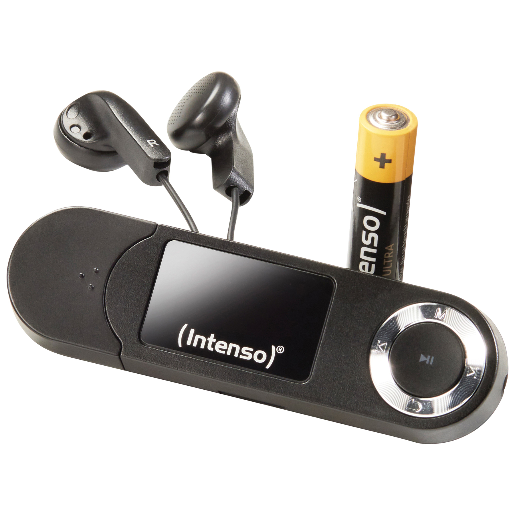 Schwarzer MP3-Player mit Kopfhörern und einer Batterie. Player hat einen Bildschirm und Knöpfe. Weißer Hintergrund.