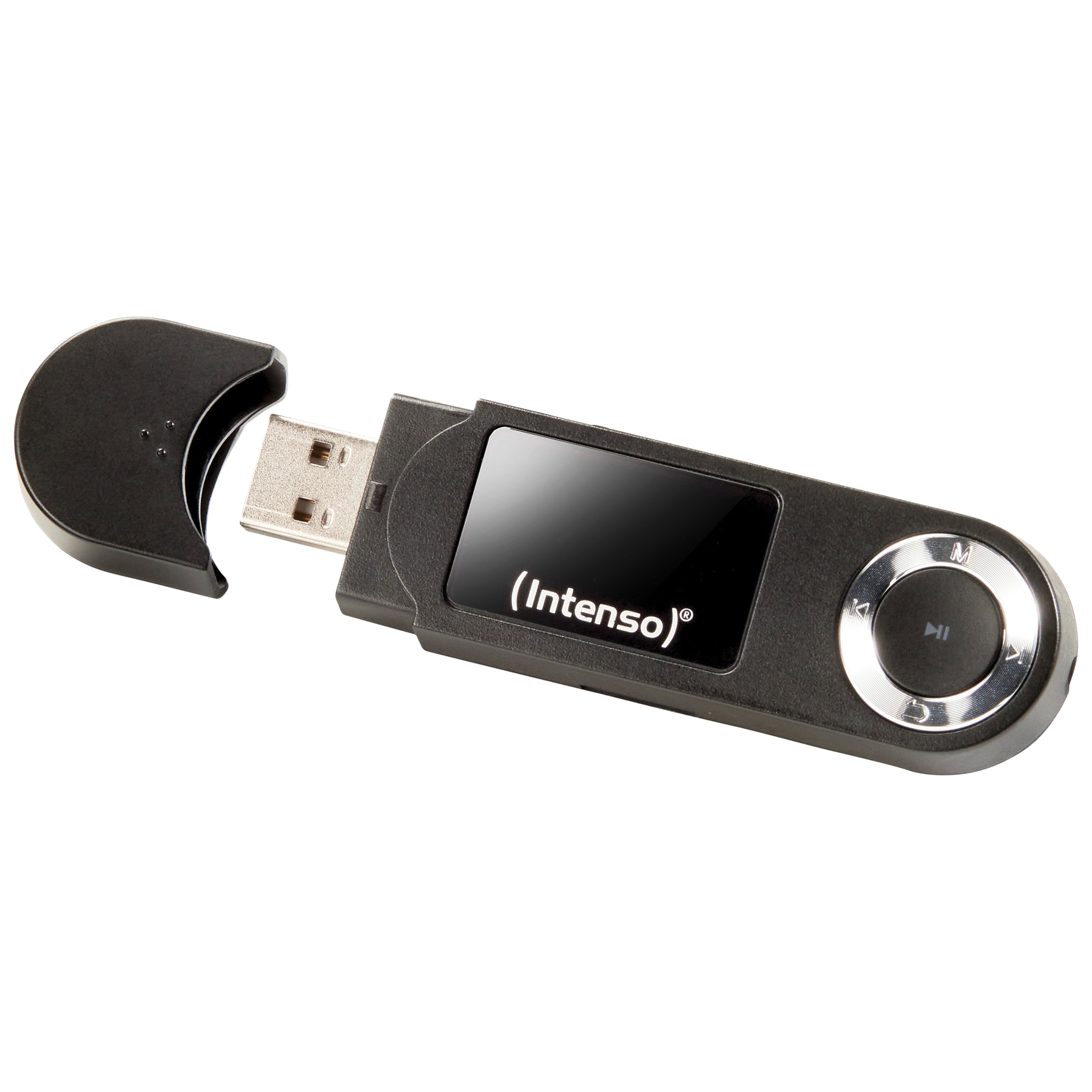Schwarzer MP3-Player mit Bildschirm und Knöpfen. USB-Anschluss ist freigelegt.