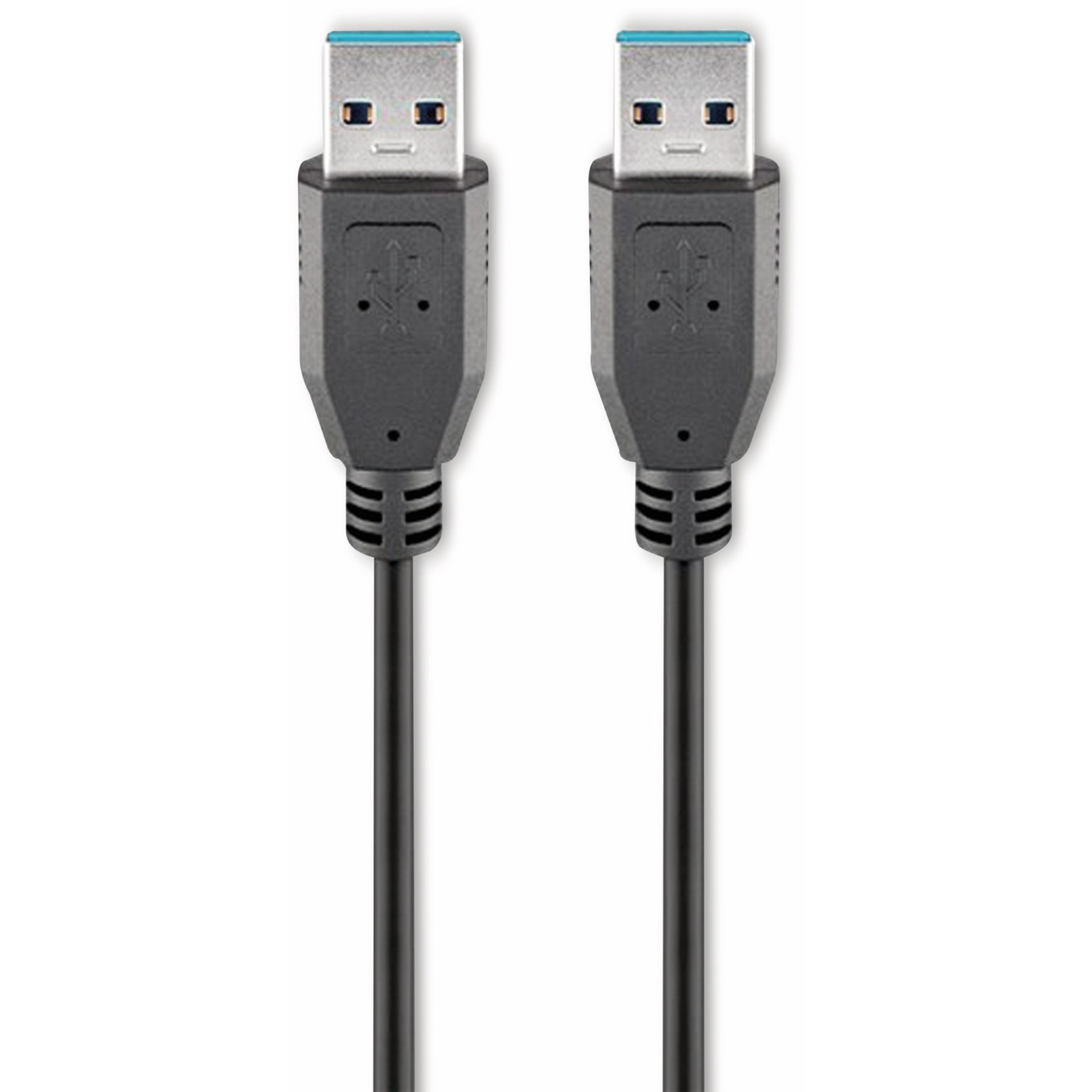 Zwei schwarze USB-Kabel mit blauen Steckern liegen auf weißem Hintergrund.