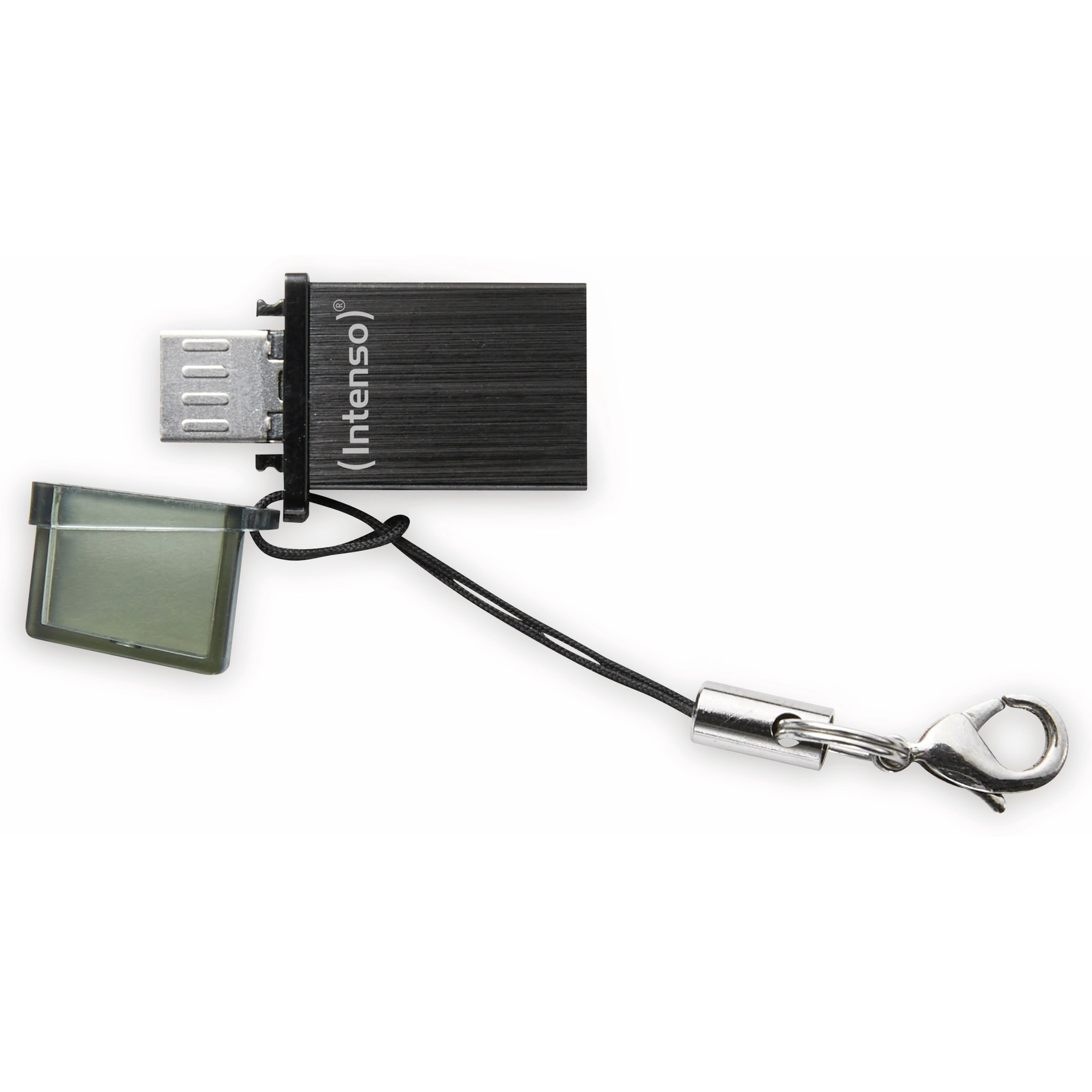 Czarny pendrive ze srebrnym łańcuszkiem i nasadką.