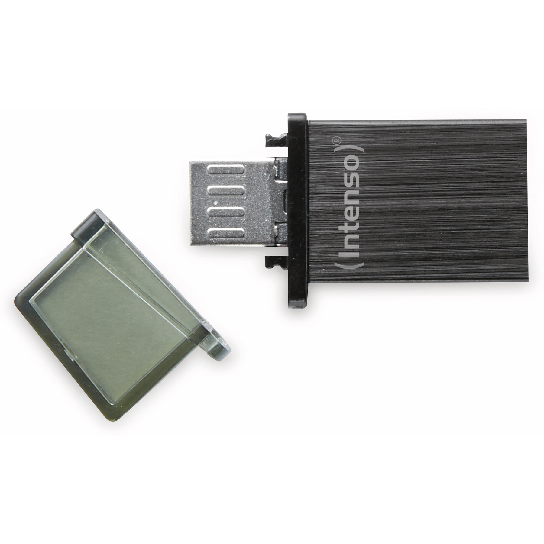 Czarny pendrive Intenso z odsłoniętym srebrnym złączem i odłączoną przezroczystą nasadką.