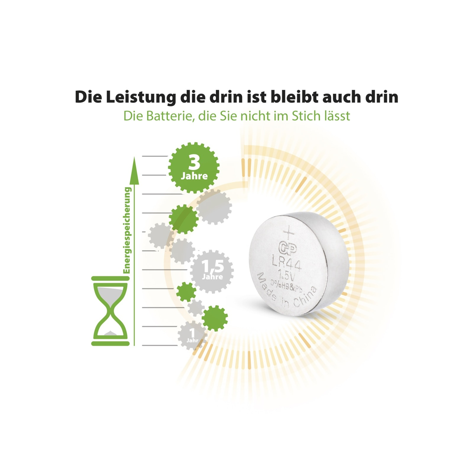 Knopfzellenbatterie mit Text und einer Abbildung zur Lebensdauer.