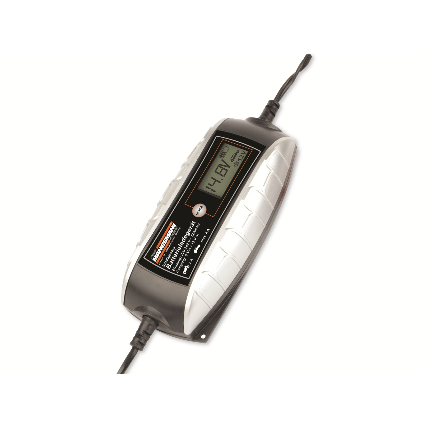 Batterieladegerät mit schwarzem und silbernem Design, Digitalanzeige mit 14,8 V und schwarzem Kabel.