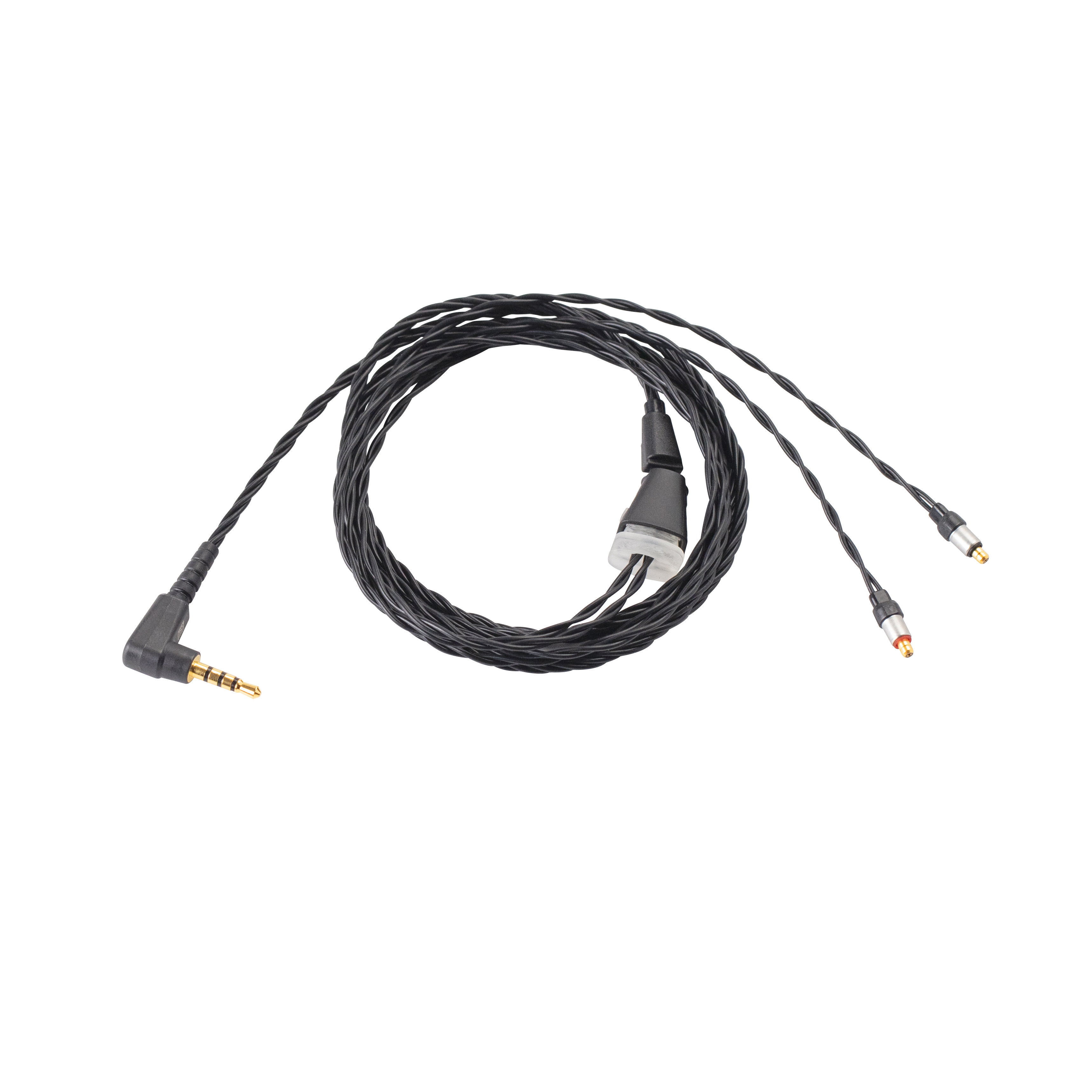 Black audio cable with a 3.5mm jack on one end and two RCA connectors on the other.