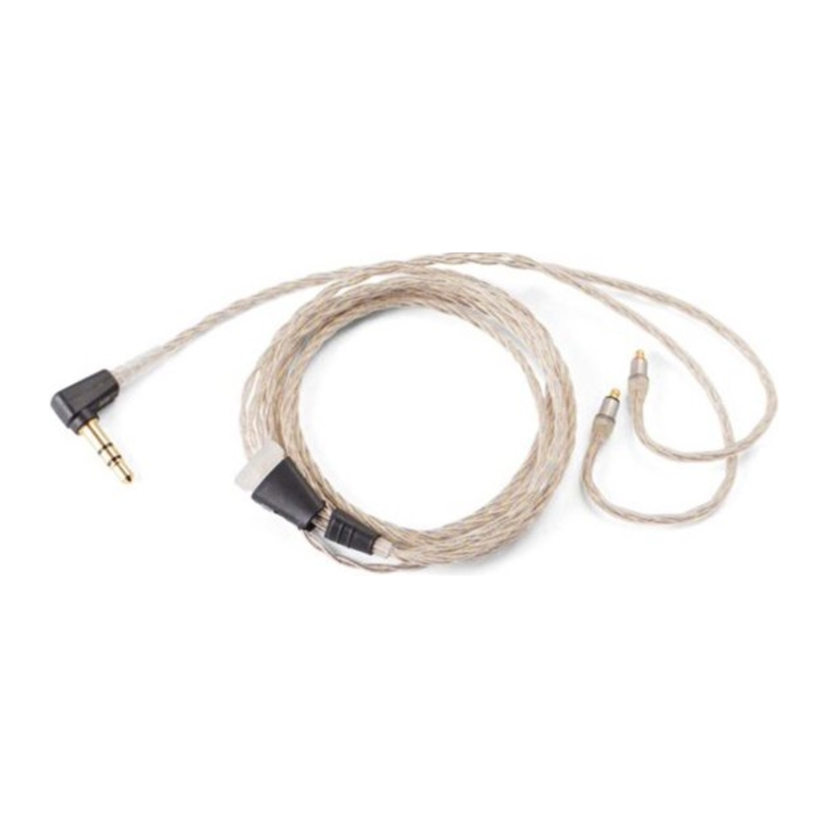 Oortelefoonkabel met 3,5 mm en 2,5 mm jacks. Zilveren en zwarte connector. Witte achtergrond.