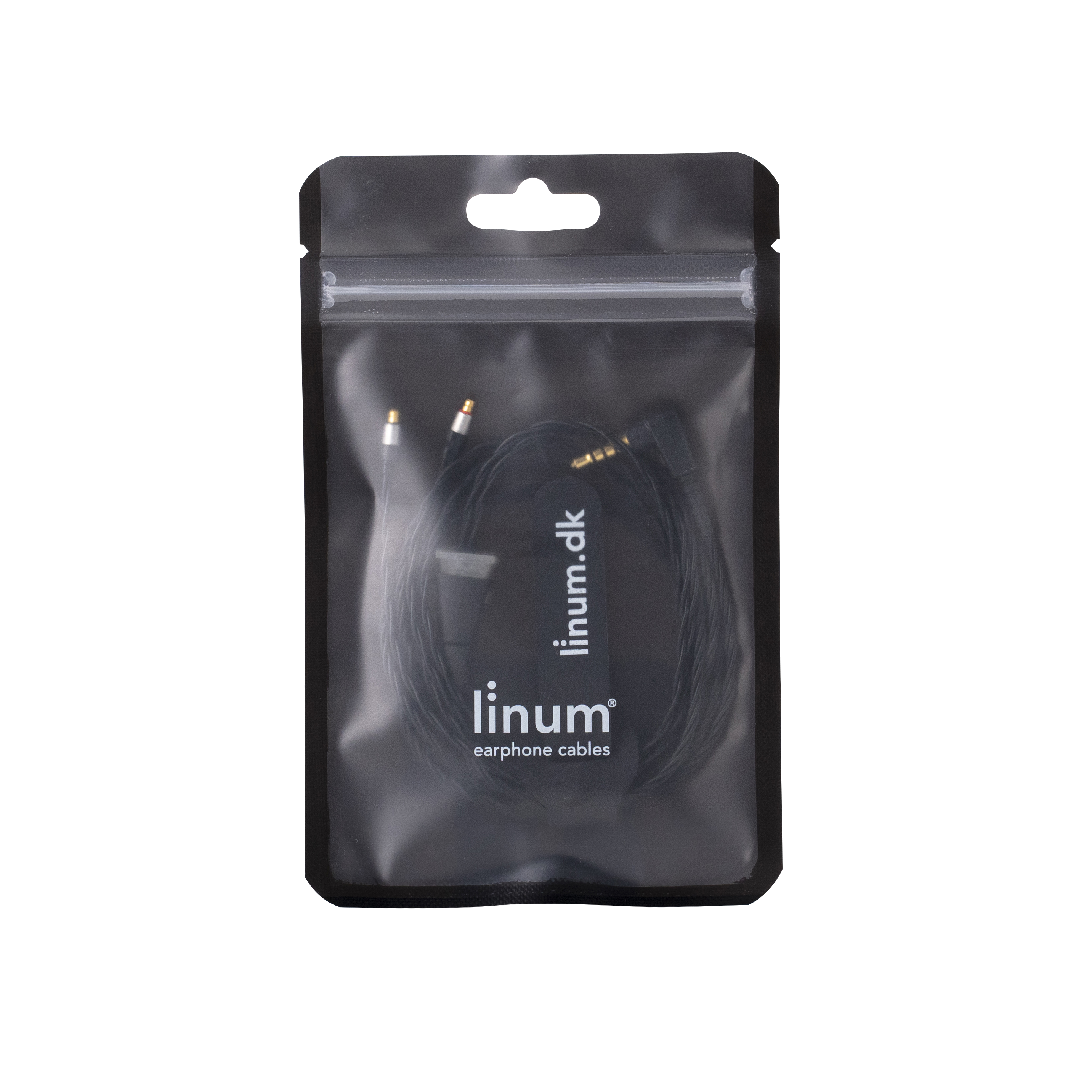 Earphone cable in a black plastic bag, with the linum.dk logo.