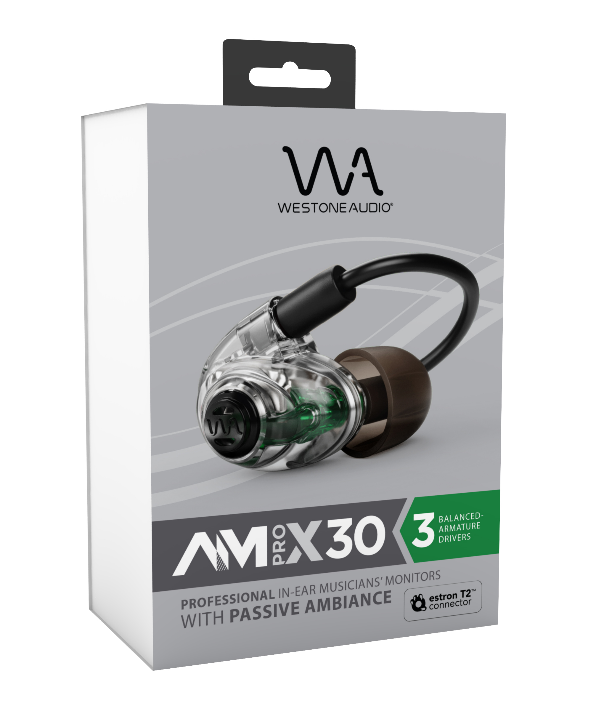 Weiße Box mit In-Ear-Monitoren. Der Markenname ist Westone Audio, das Modell ist AMX30 Pro.