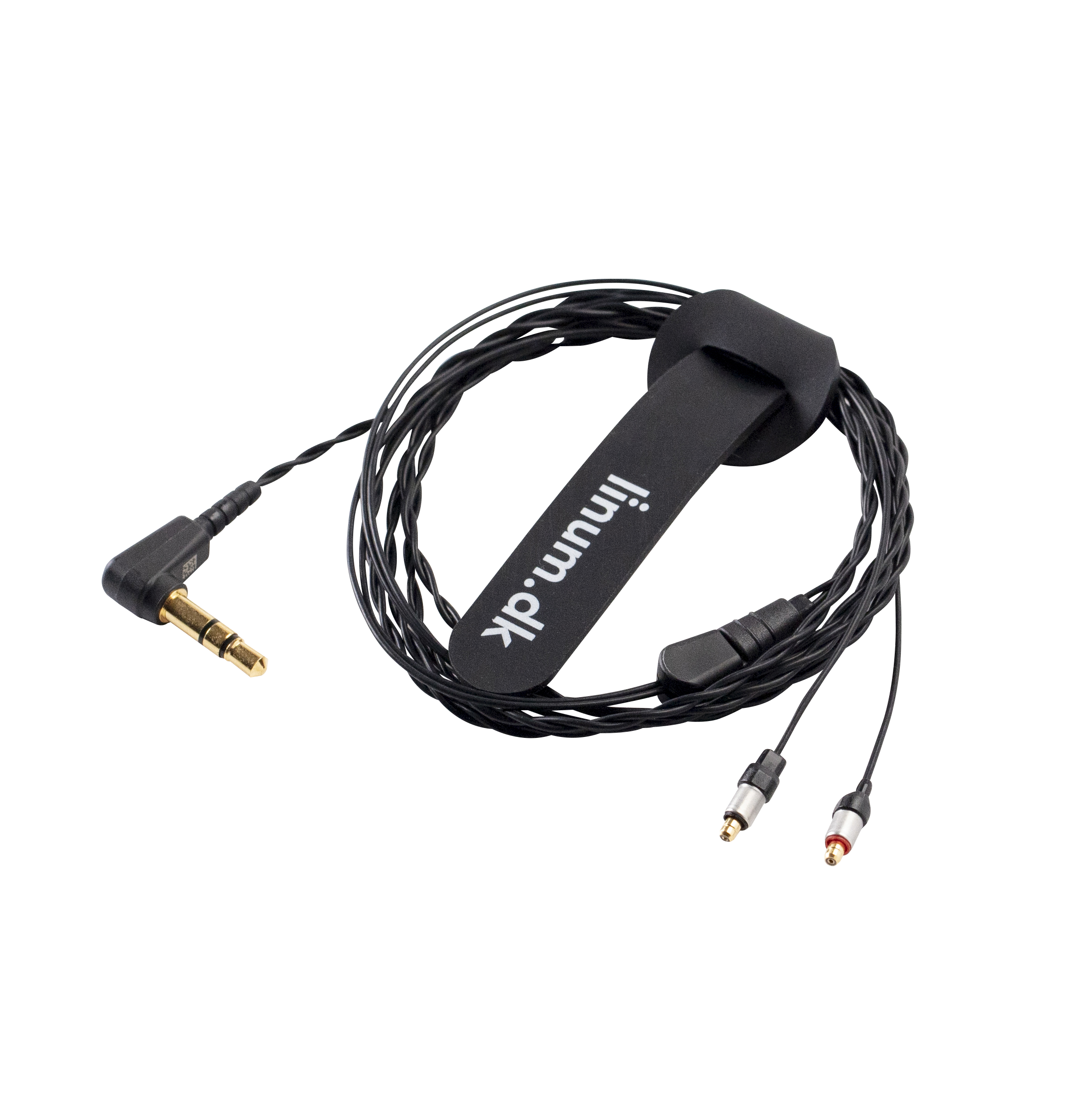 Black audio cable with gold-plated connector, black connector, and 'linum.dk' logo on a black holder. Black background.