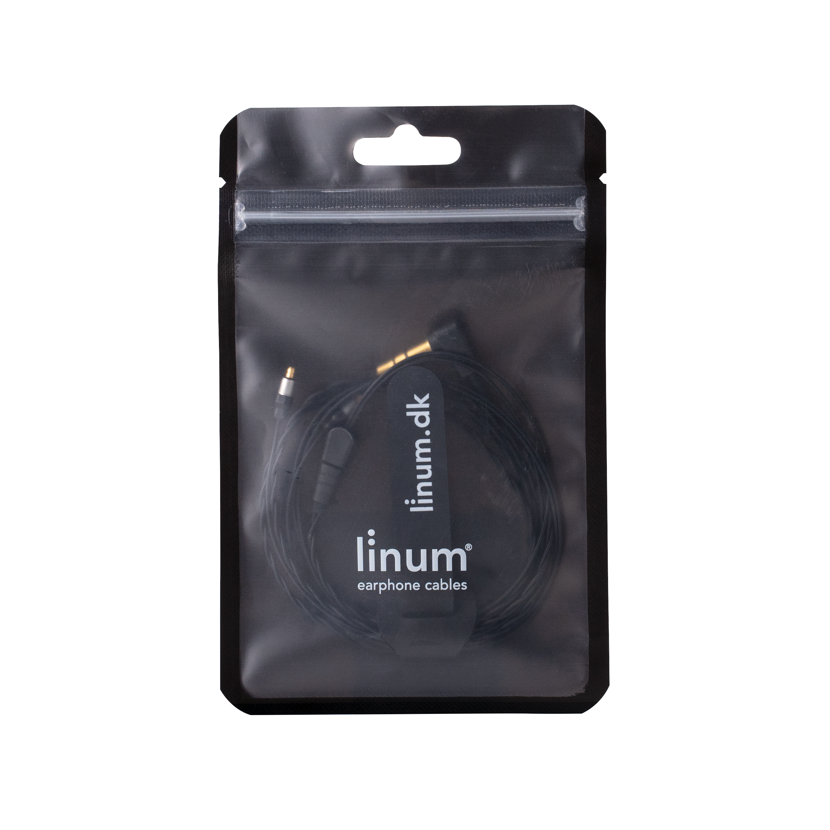 Earphone cable in a transparent package, labeled 'linum.dk earphone cables'.