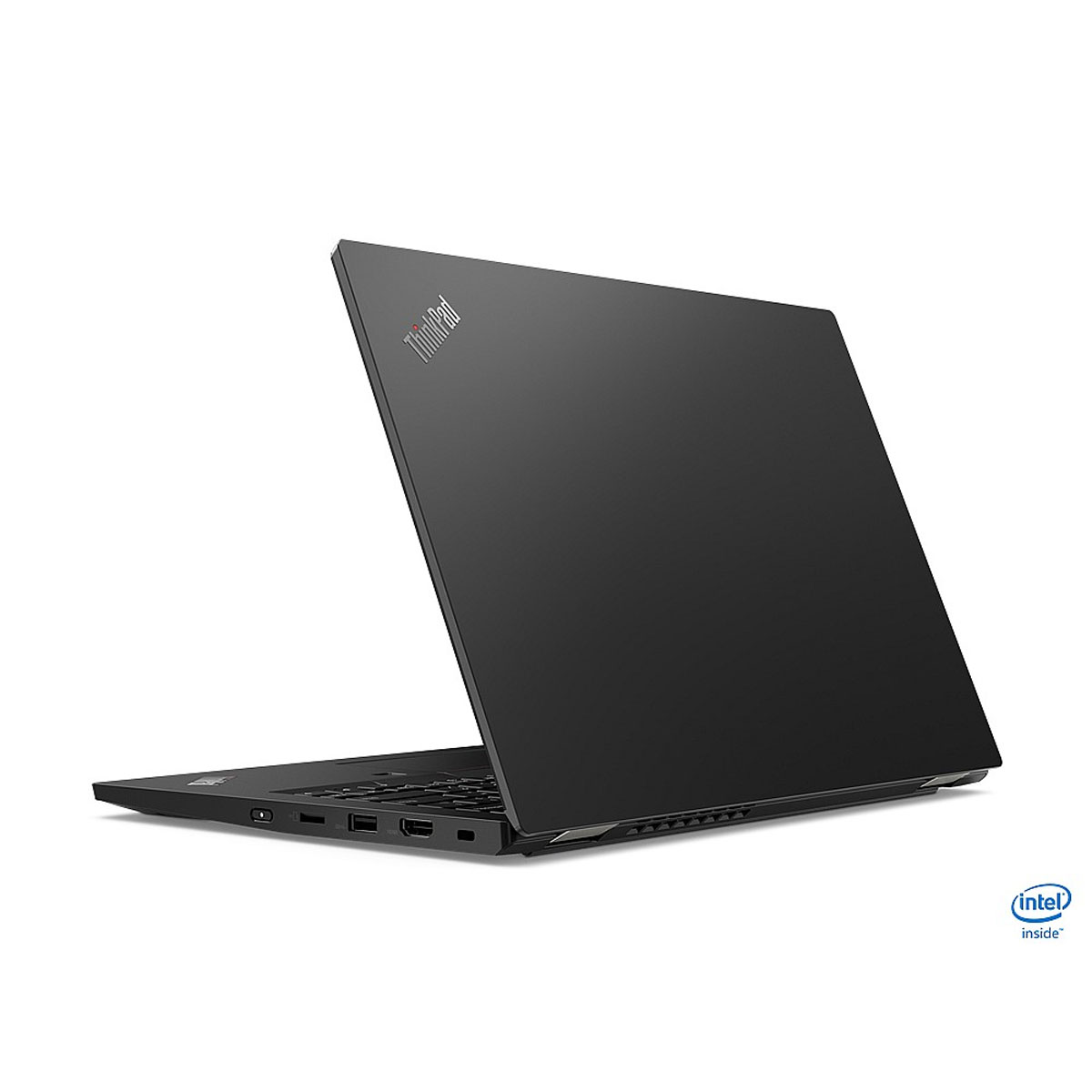 Black ThinkPad laptop, open, showing the keyboard and trackpad. Intel inside logo is also visible.
