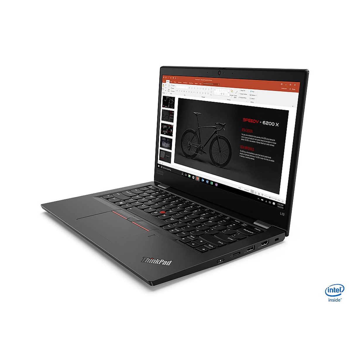 Black laptop on a desk. The screen shows a bike advertisement. The brand is ThinkPad.