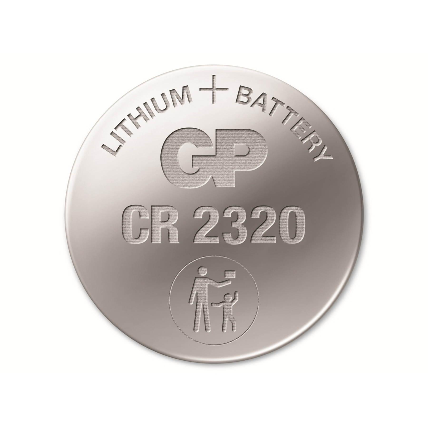 Okrągła srebrna bateria z napisem: LITHIUM + BATTERY, GP, CR 2320, oraz symbolem osoby z dzieckiem.