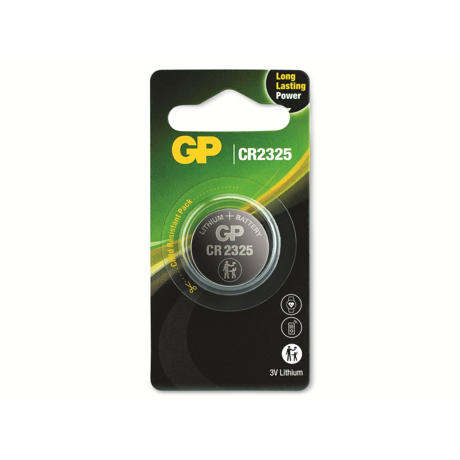 Eine CR2325-Batterie in einer grün-schwarzen Verpackung.