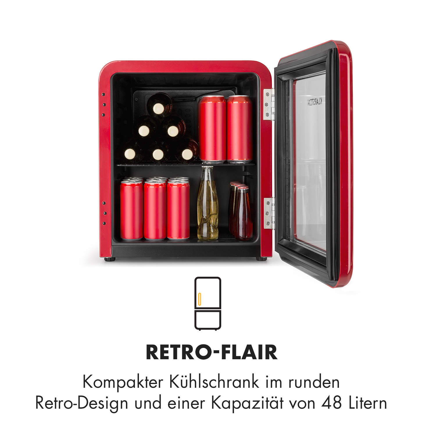 Mininevera roja. Abierta, mostrando bebidas. Texto: Retro-Flair, Kompakter Kühlschrank im runden Retro-Design.