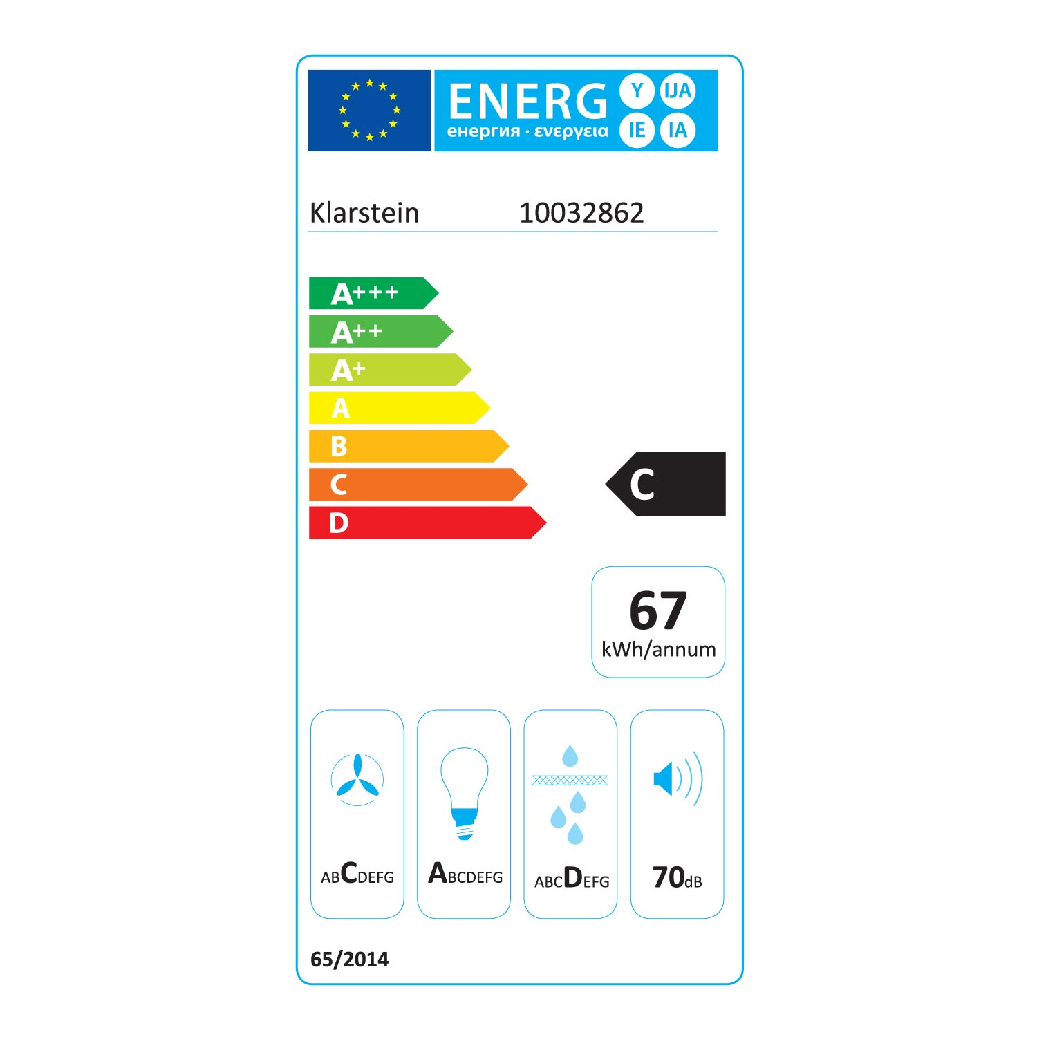 Un'etichetta di efficienza energetica, con un'icona a ventola e una classificazione C per il prodotto.