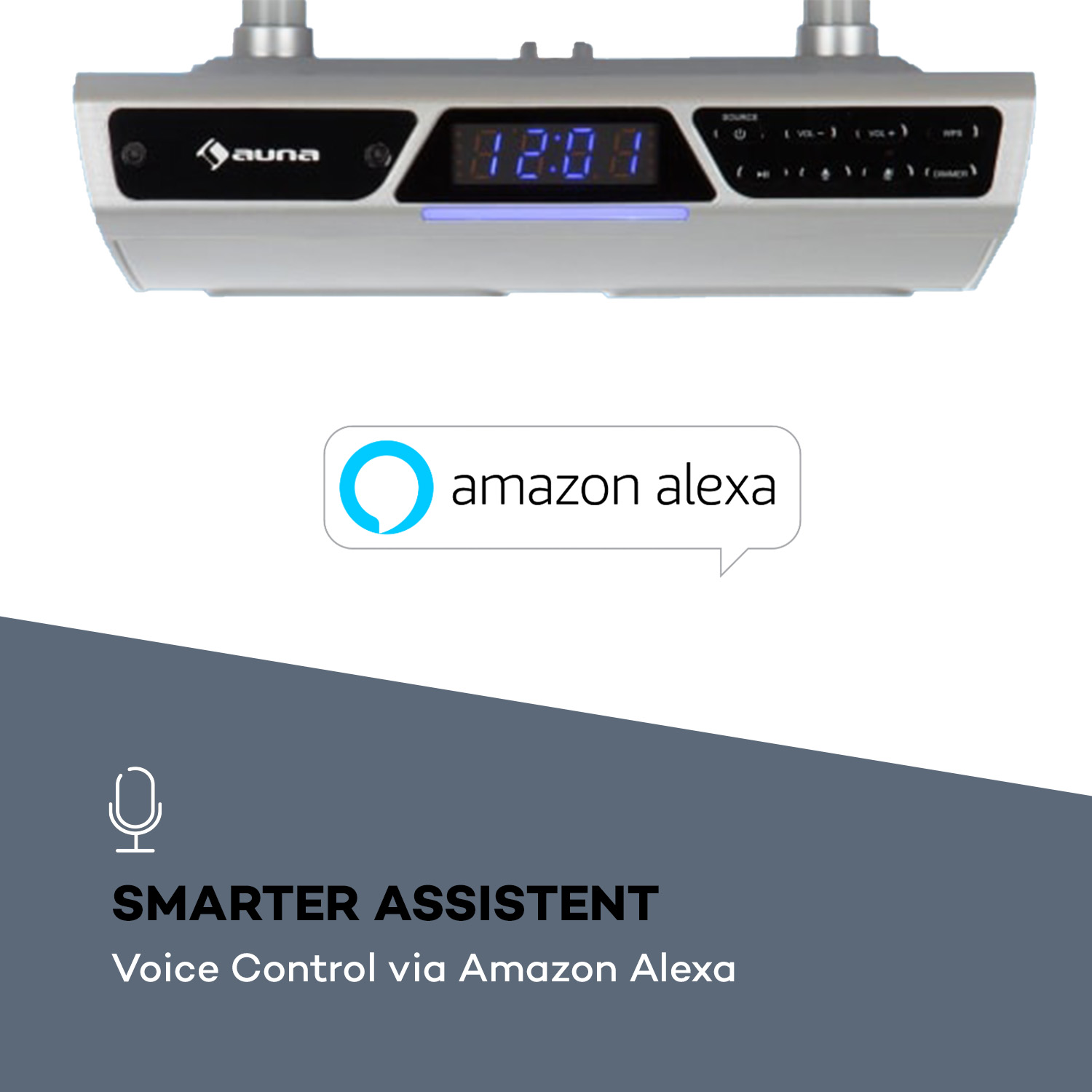 Ein silbernes Auna-Gerät mit Display und Amazon Alexa Logo auf grauem Hintergrund.