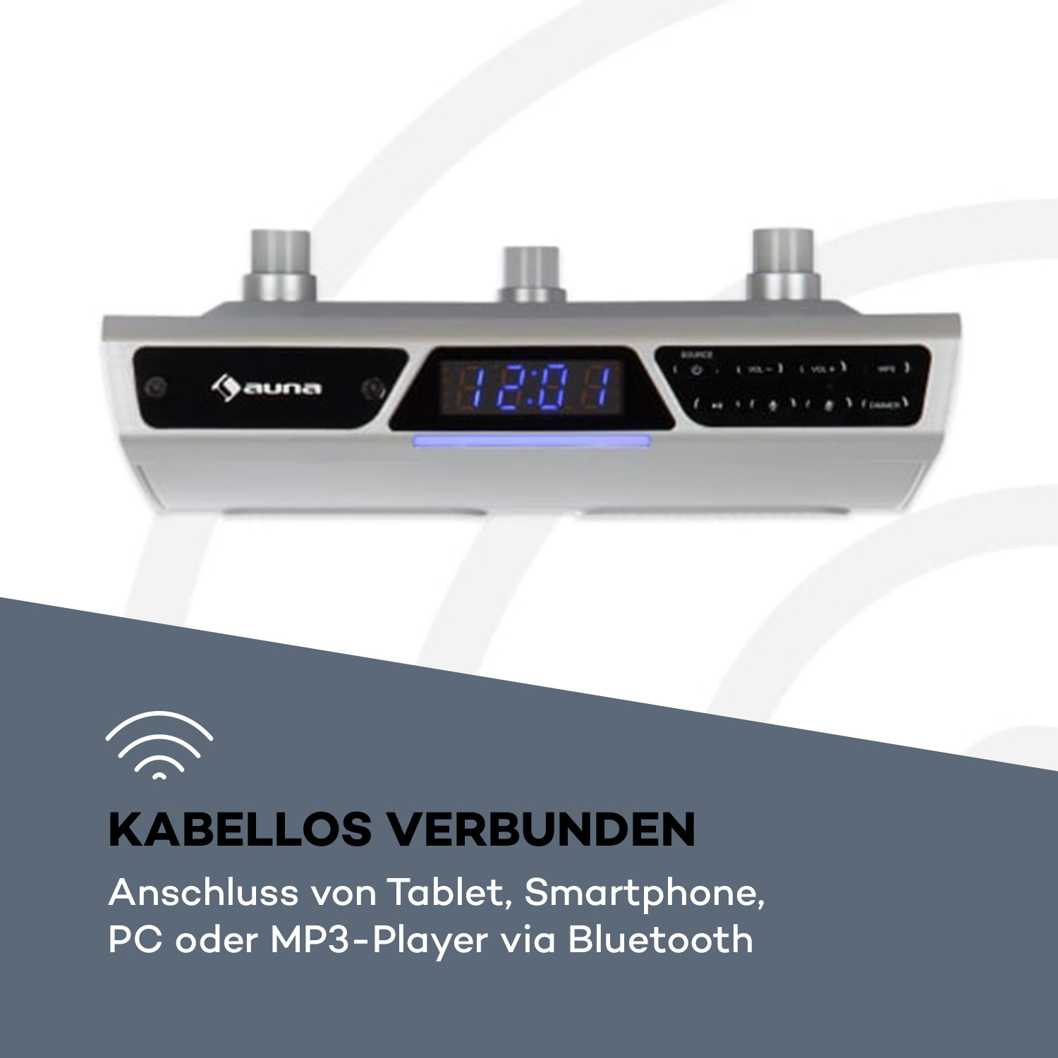 Silbernes Audiogerät mit blauem Digitaldisplay, Text darunter: "KABELLOS VERBUNDEN".