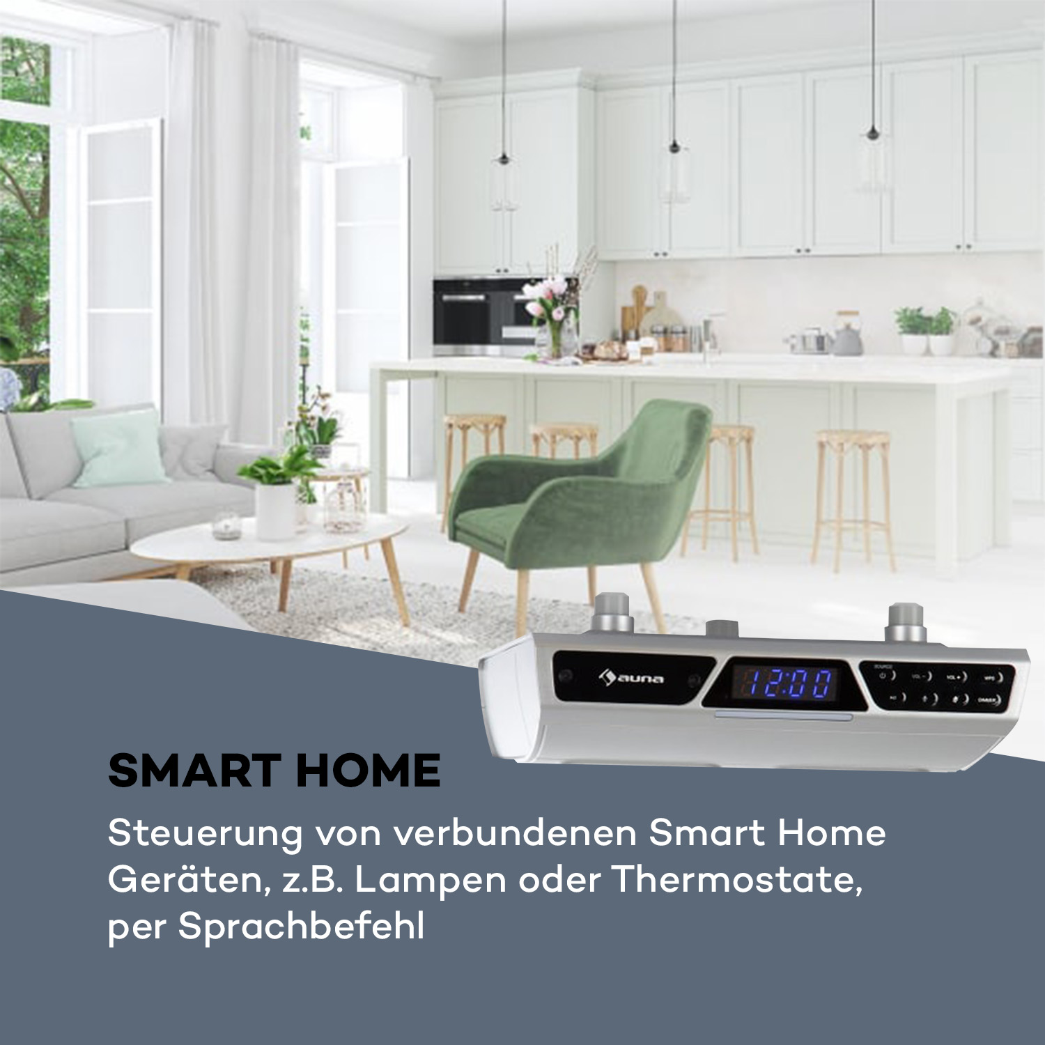 Smart Home-Gerät auf einer Theke, mit moderner Küche im Hintergrund.