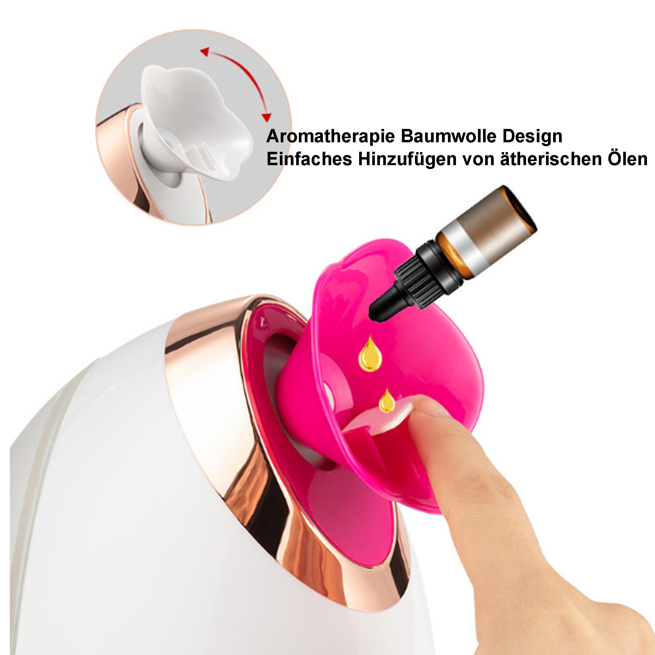 Ein weißer Aromatherapie-Diffusor mit rosa Einsatz. Eine Hand tropft ätherisches Öl hinein.