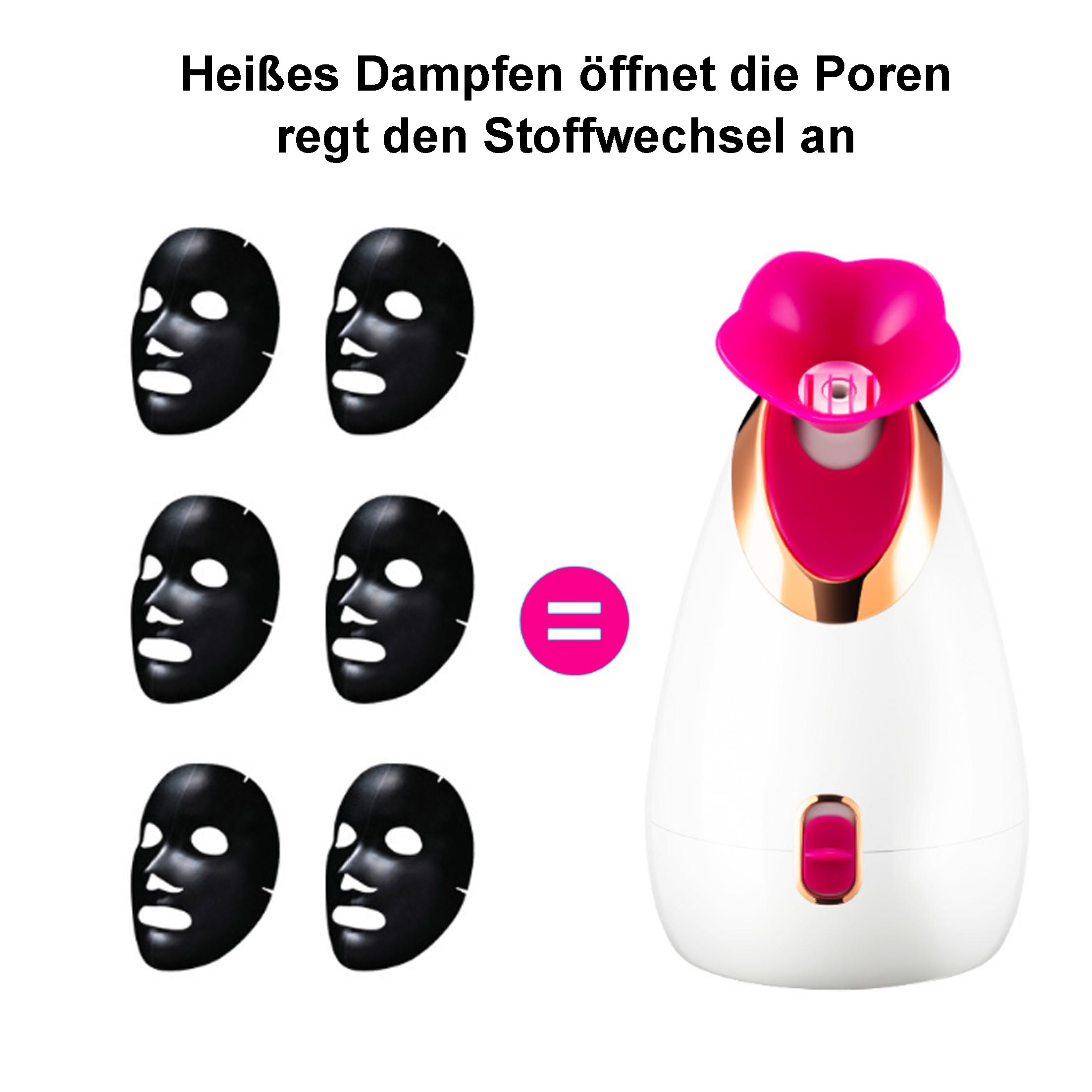 Gesichtsdampfer mit Gesichtsmasken. Text: 'Heißes Dampfen öffnet die Poren, regt den Stoffwechsel an'.