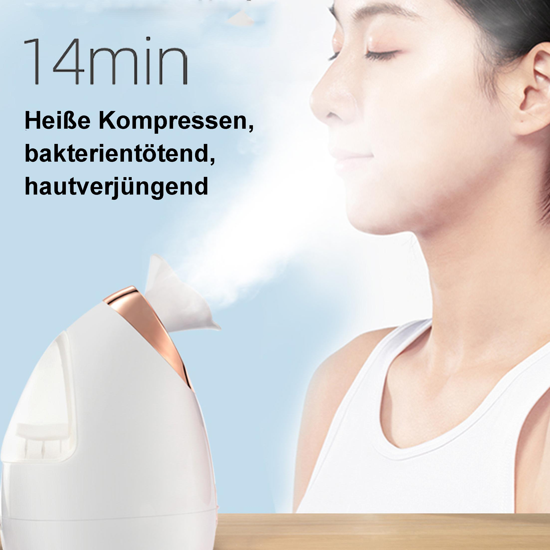 Gesicht einer Frau neben einem weißen Gesichtsdampfer, aus dem Dampf austritt.