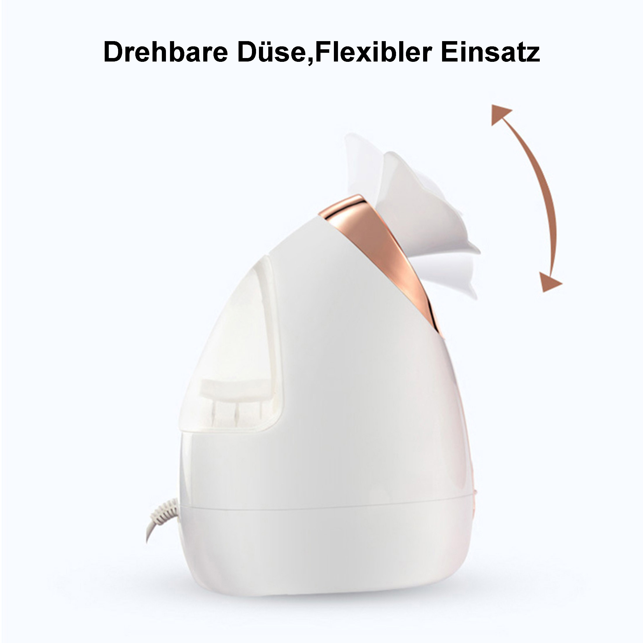 Weißer Gesichtsdampfer mit flexiblem Düsenkopf. Text: Flexibler Einsatz. Brauner Pfeil zeigt Bewegung. Weißer Hintergrund.