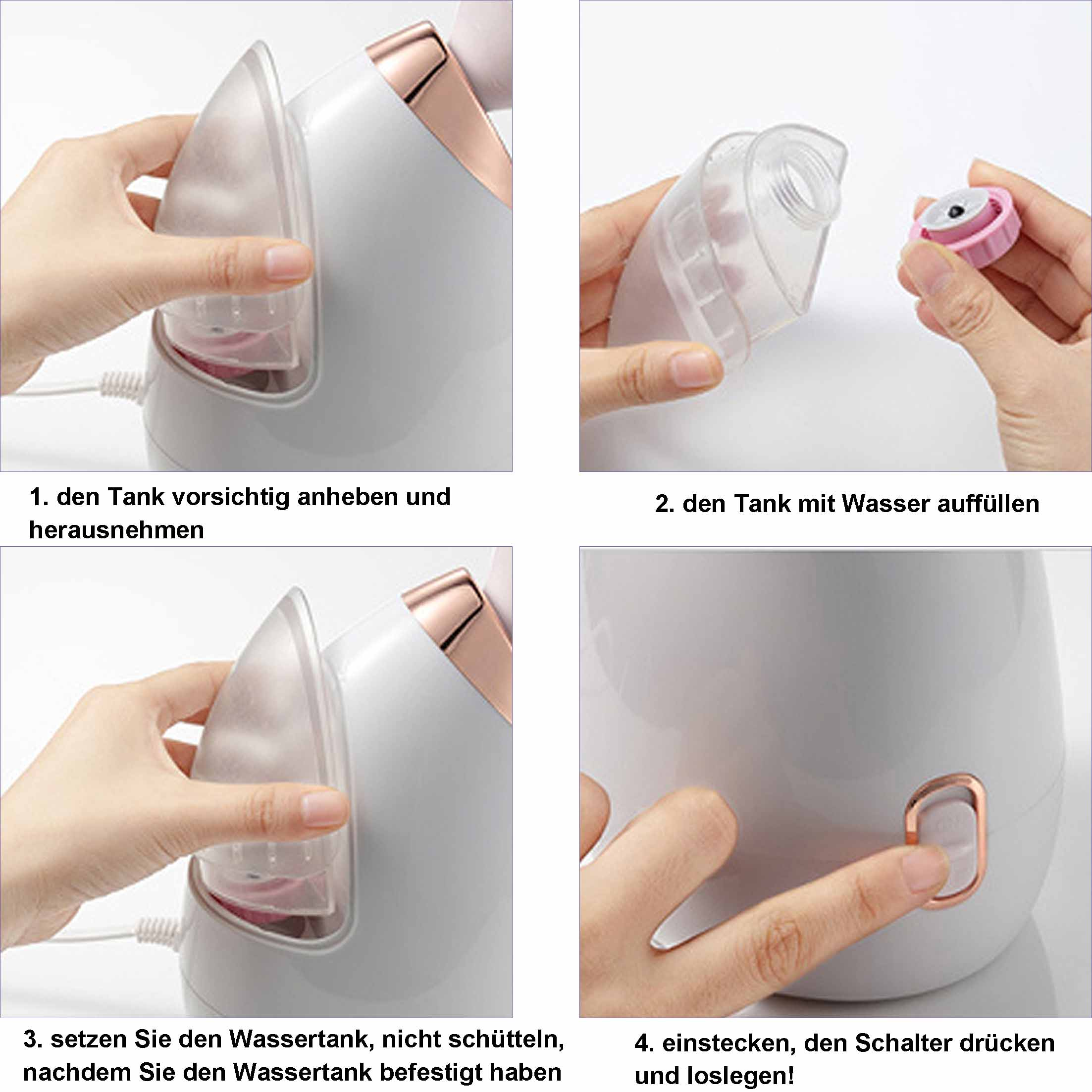 Sequenz, die den Zusammenbau eines Gesichtsverdampfers zeigt. Eine Hand fügt Wasser hinzu.