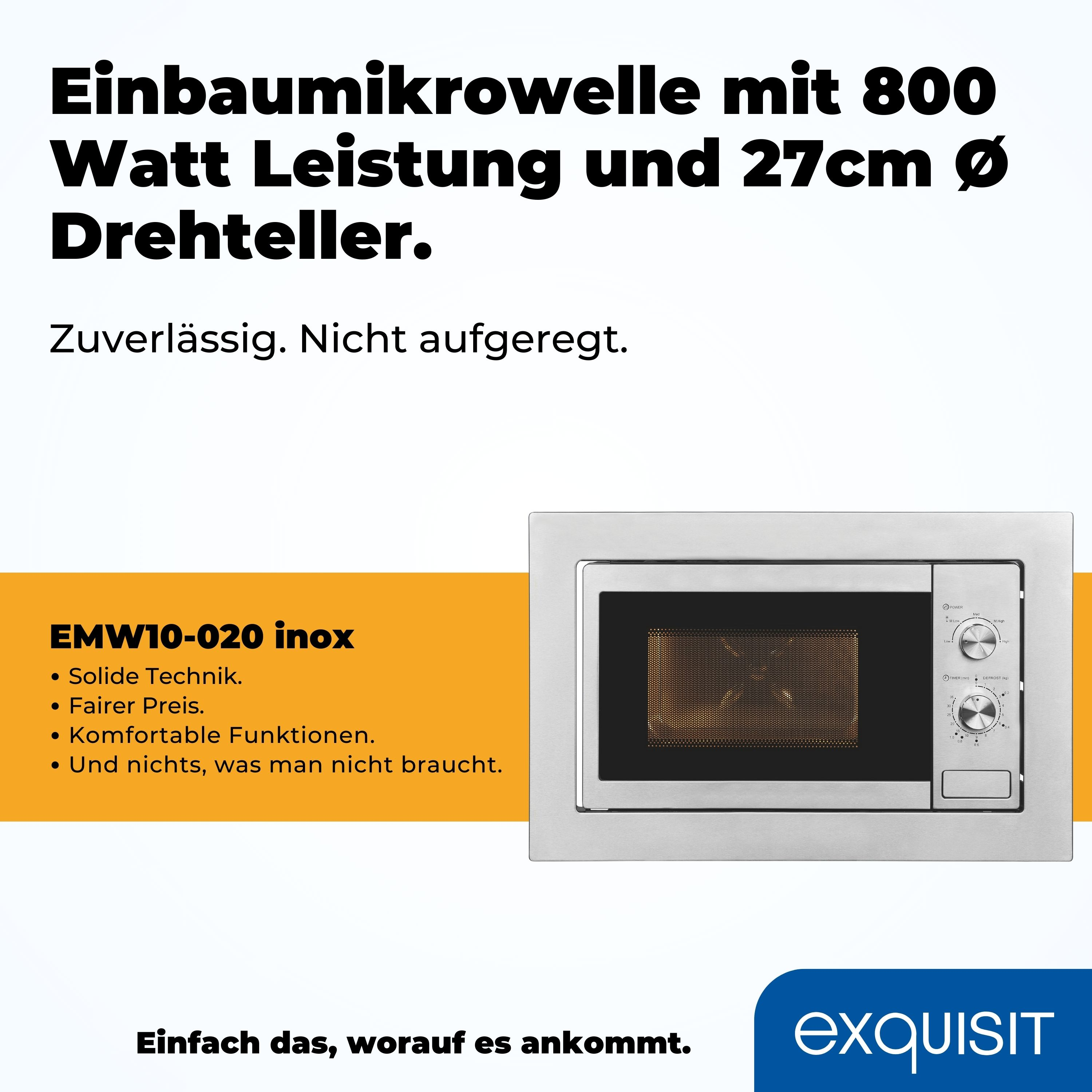 Einbaumikrowelle mit silbernem Finish und Bedienknöpfen. Text auf Deutsch.