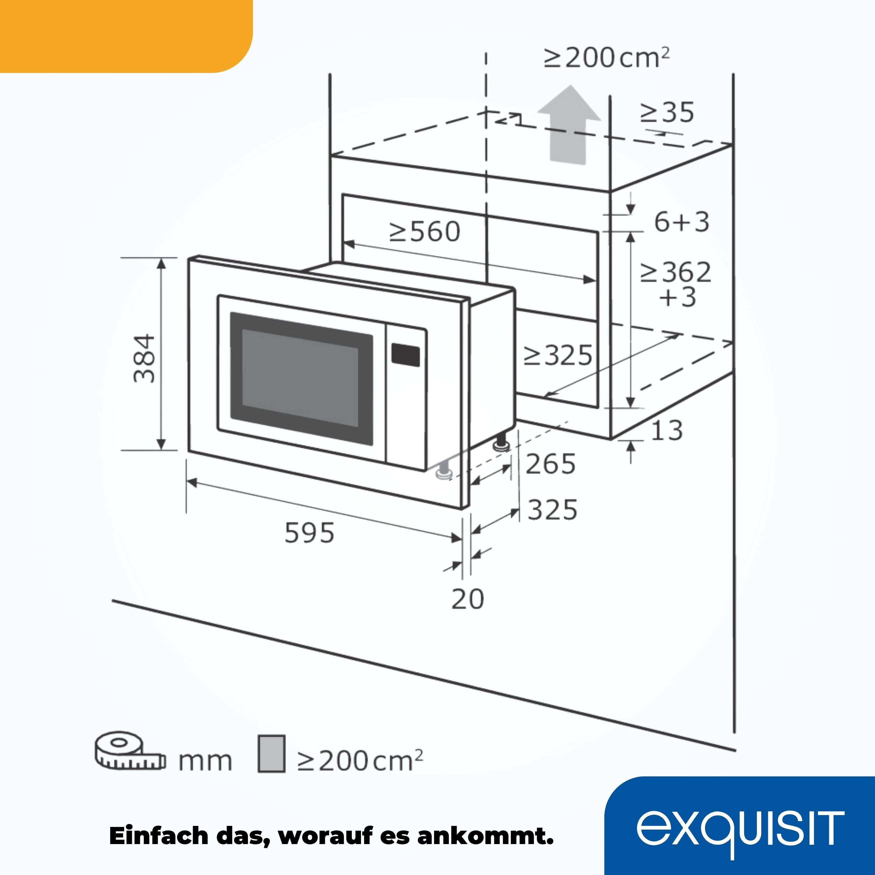 Diagramm eines Mikrowellenherds mit Abmessungen und dem Exquisit-Logo.