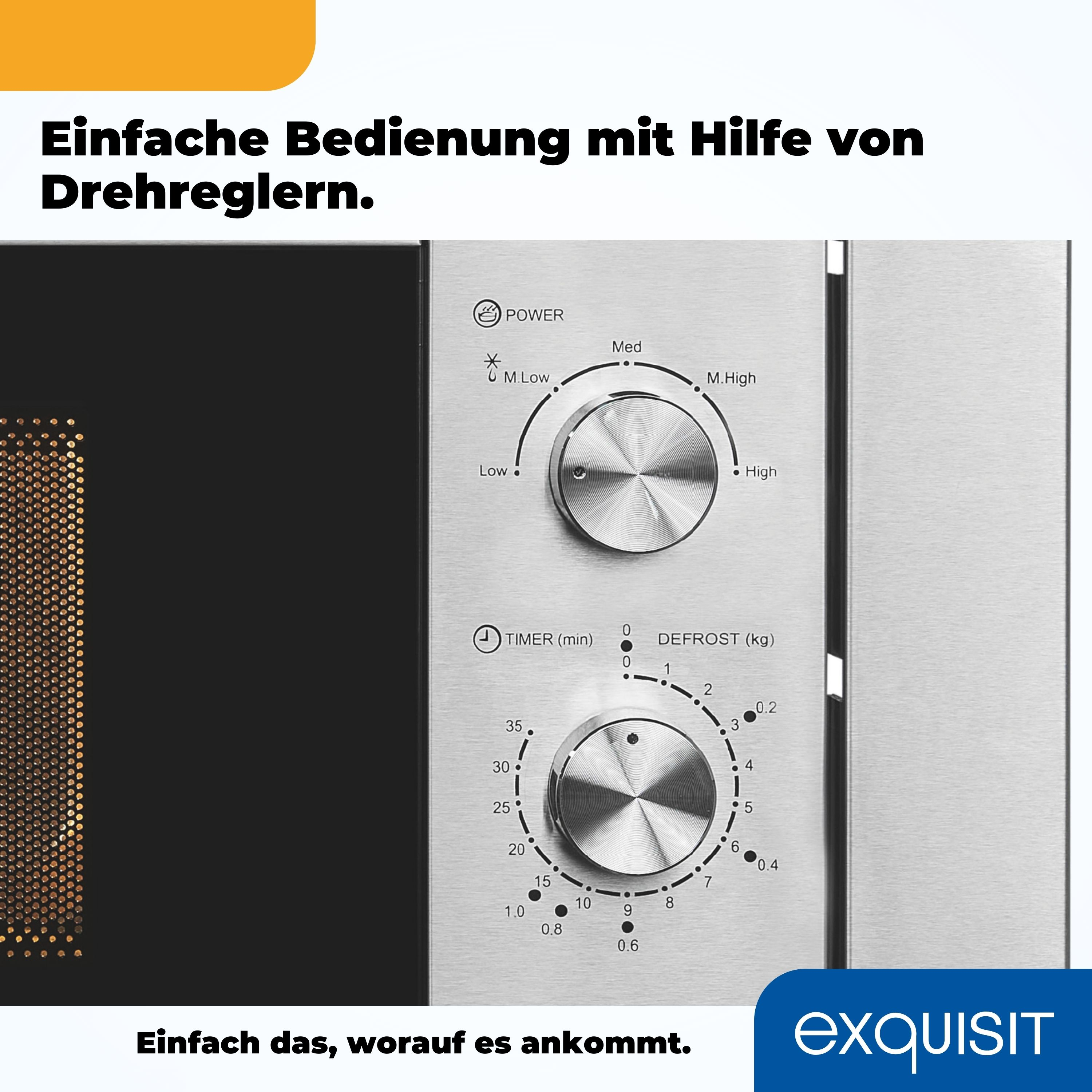 Nahaufnahme eines Mikrowellen-Bedienfelds mit Knöpfen und Drehknöpfen, silber.