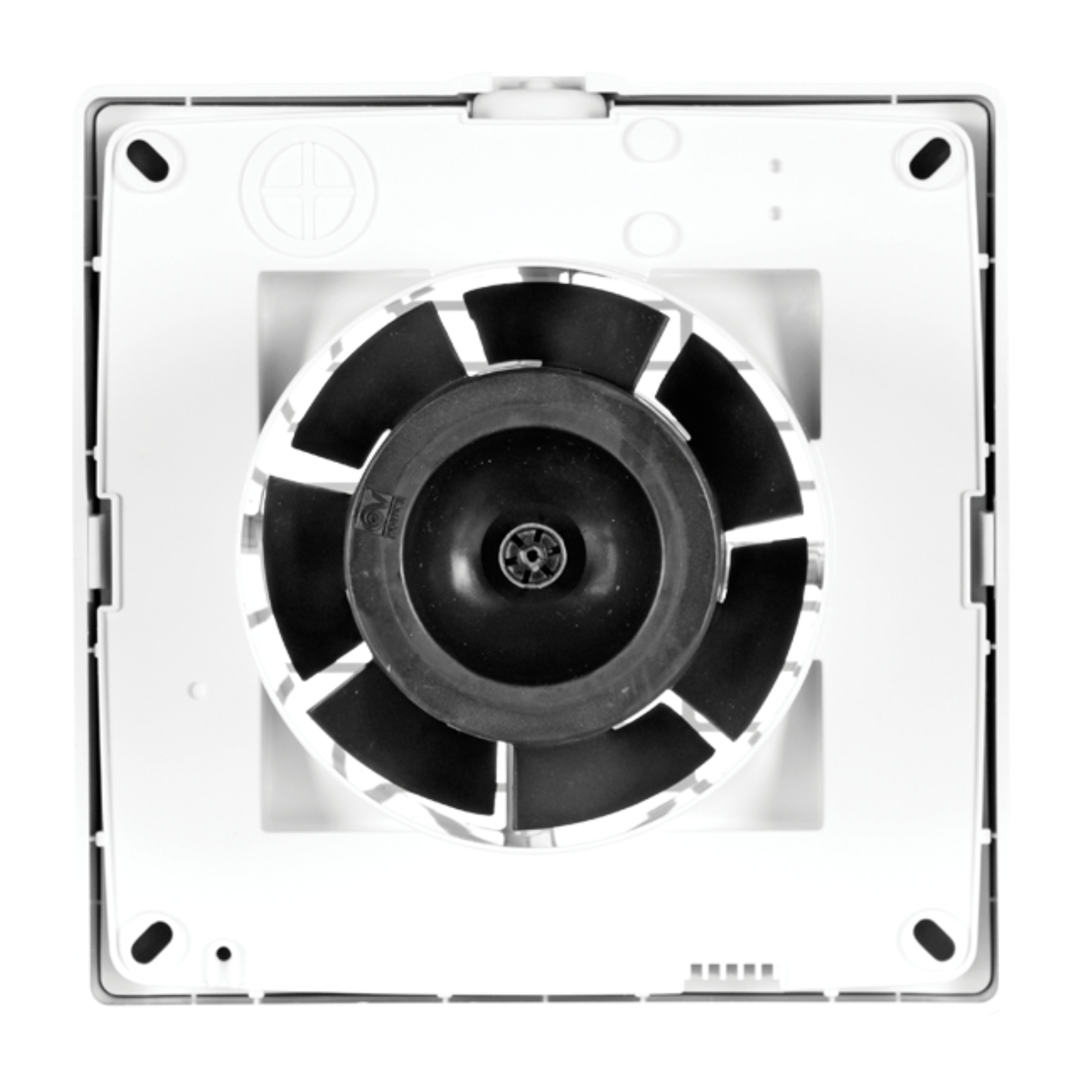 Ein weißer quadratischer Lüfter, die Innenteile sind sichtbar. Im Inneren befindet sich ein runder Ventilator.