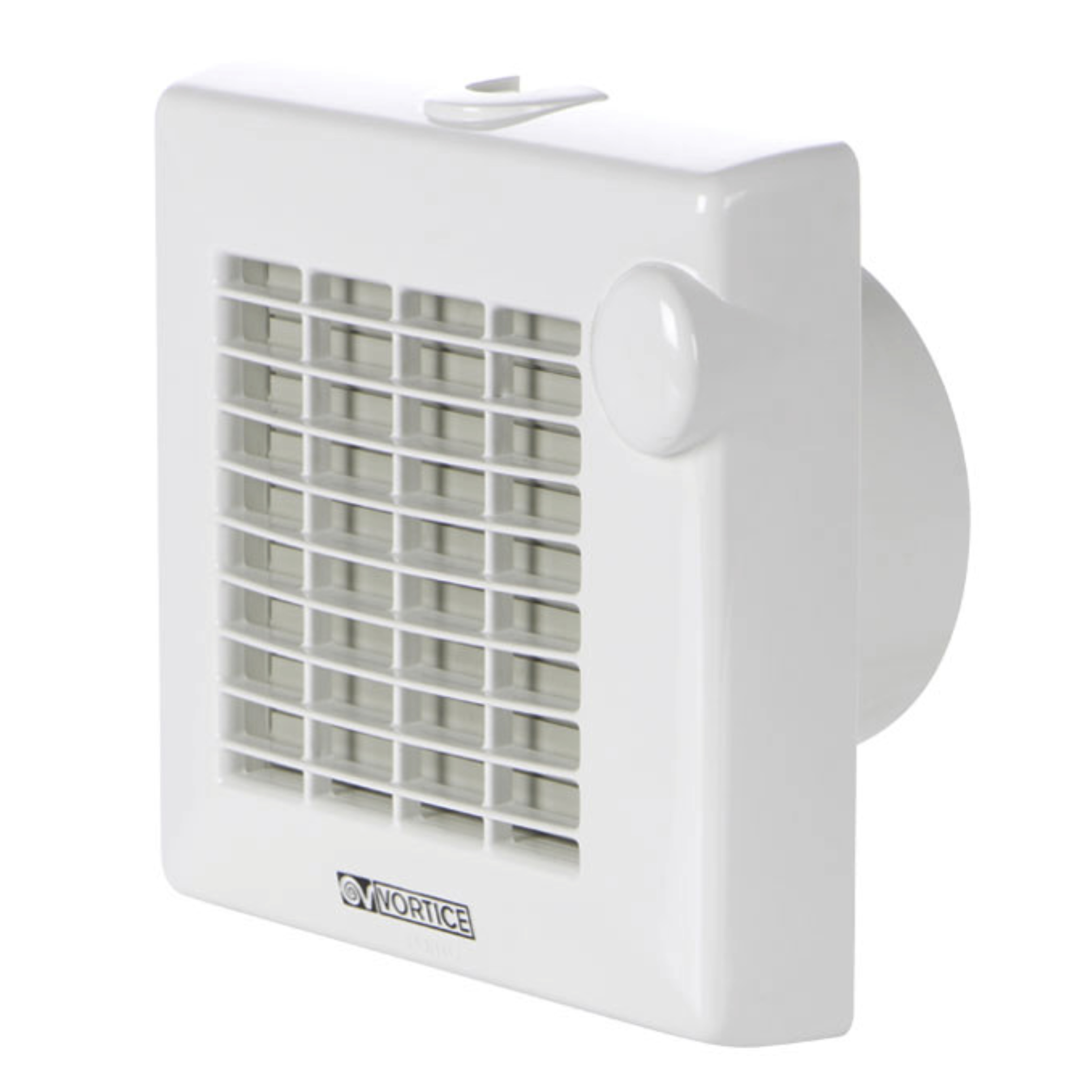 Ventilación cuadrada blanca con patrón de rejilla y una pequeña perilla circular lateral.