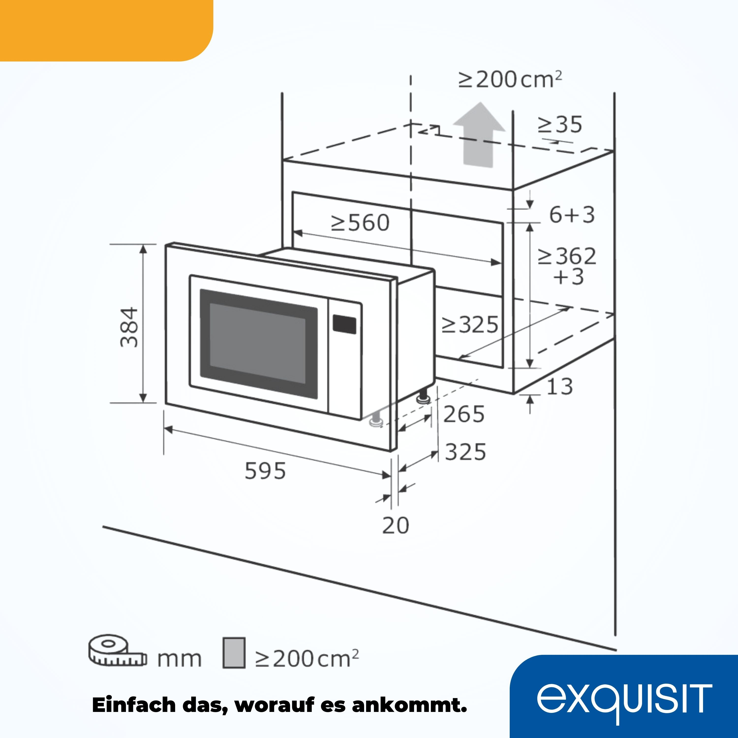 Un dibujo técnico de un horno microondas empotrado, con dimensiones y medidas.