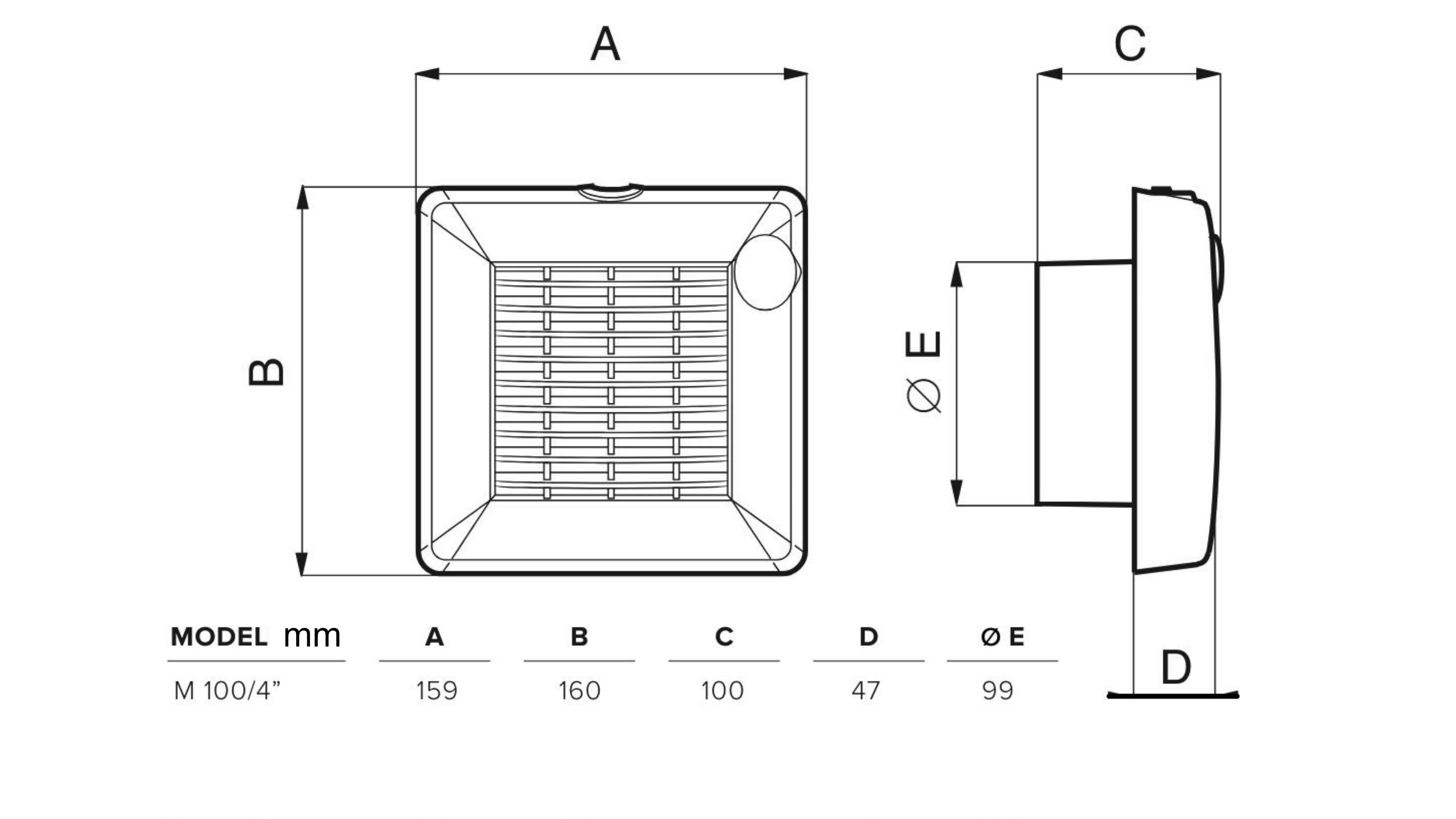 Dibujo técnico de un respiradero cuadrado. Muestra las dimensiones con las etiquetas A, B, C, D, E y el modelo.