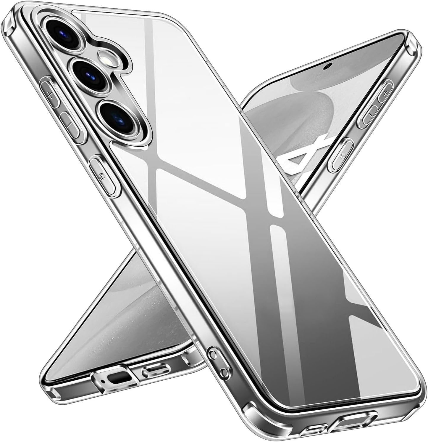 Due custodie trasparenti per telefono con design protettivo e ritagli per fotocamera. Le custodie sono riflettenti.