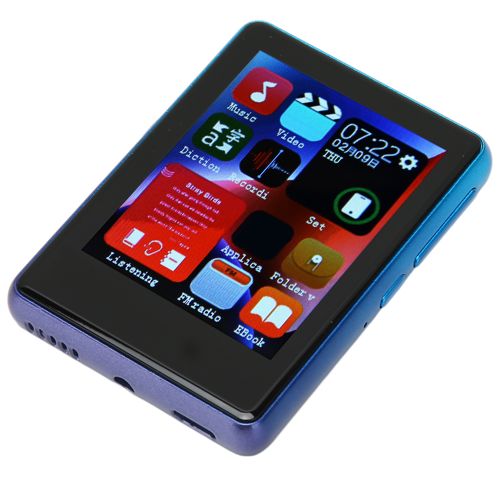 Blauer MP3-Player mit Touchscreen, der Musik, Video und Einstellungen anzeigt.