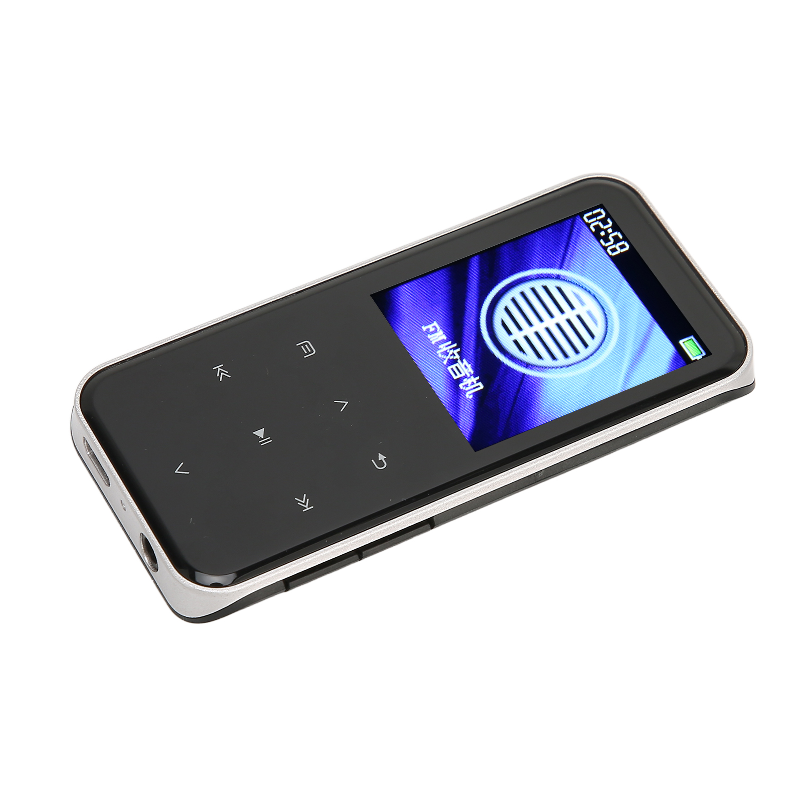 Schwarzer MP3-Player mit Bildschirm, der eine Grafik anzeigt. Knöpfe und ein silberner Rahmen sind sichtbar.