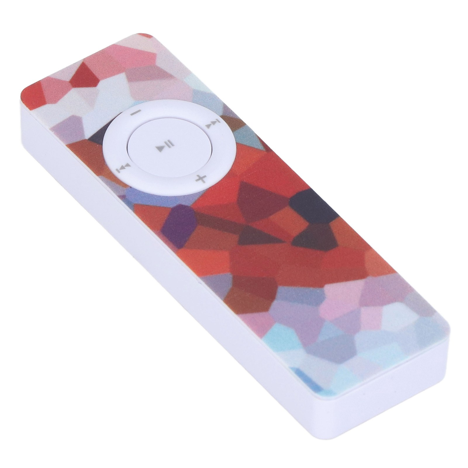 Ein kleiner, rechteckiger MP3-Player mit einem farbenfrohen abstrakten Muster auf der Oberfläche.