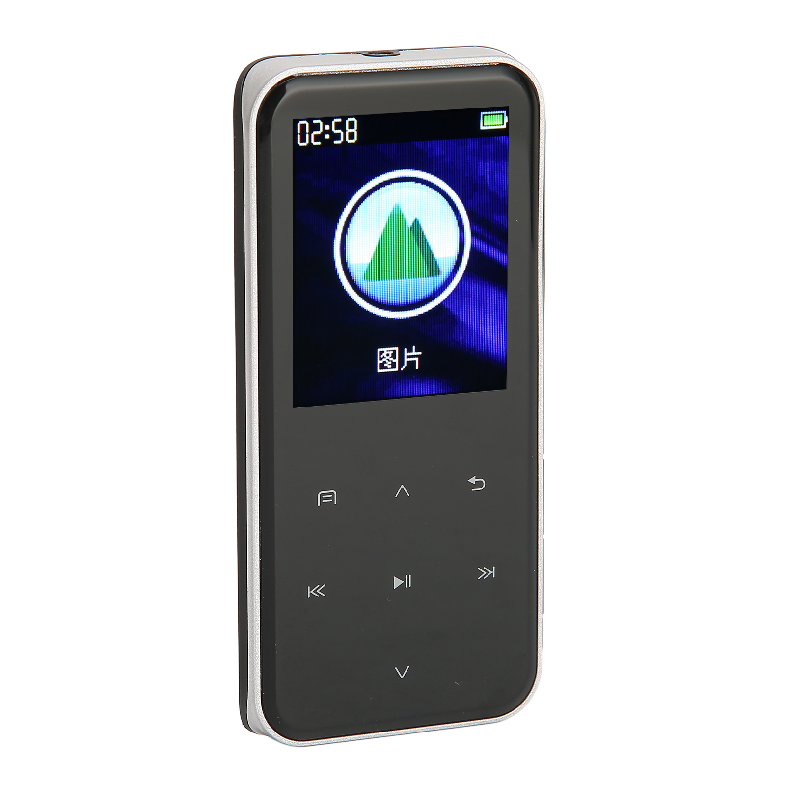 Schwarzer MP3-Player mit Bildschirm, der ein grünes Berg-Symbol zeigt. Schwarze Tasten unten. Weißer Hintergrund.