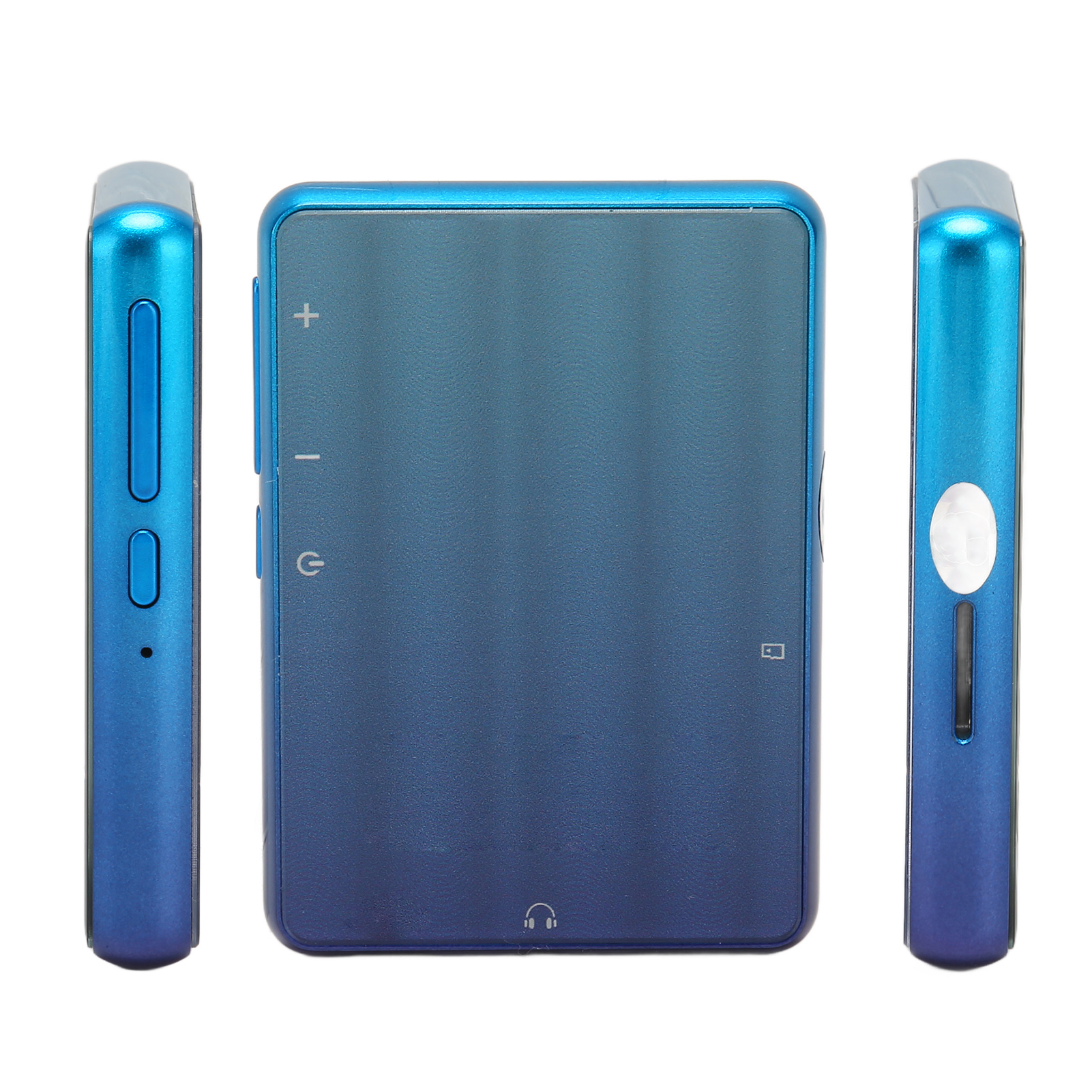 Ein blau-silberner MP3-Player. Er hat Knöpfe an den Seiten und einen Kopfhöreranschluss.