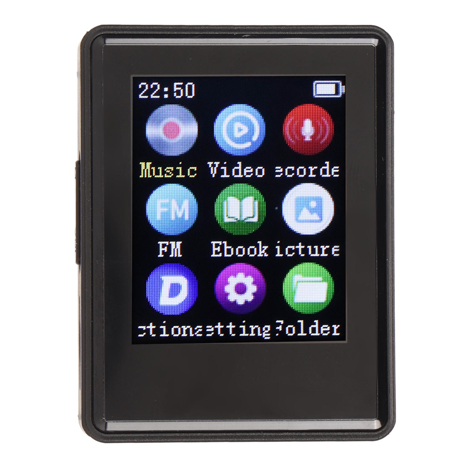 Ein schwarzer MP3-Player mit einem Bildschirm, der Symbole für Musik, Video, Einstellungen und mehr anzeigt.