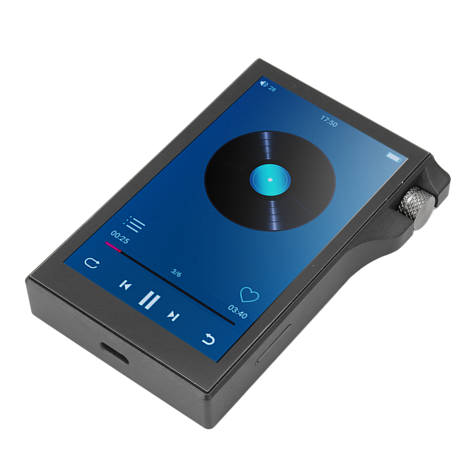 Ein schwarzer MP3-Player, der eine Schallplatte auf dem Bildschirm zeigt. Es hat Steuertasten.