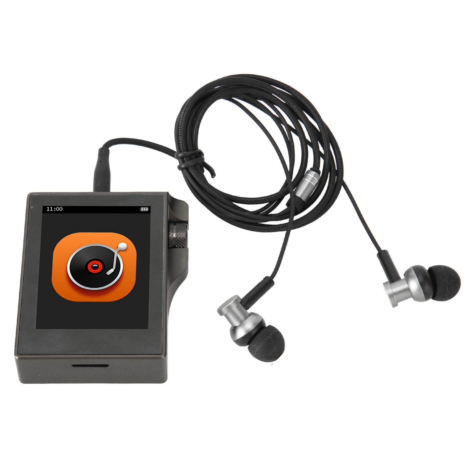 Schwarzer MP3-Player mit Ohrhörern. Player hat einen Bildschirm mit einer Grafik einer orangefarbenen Schallplatte.