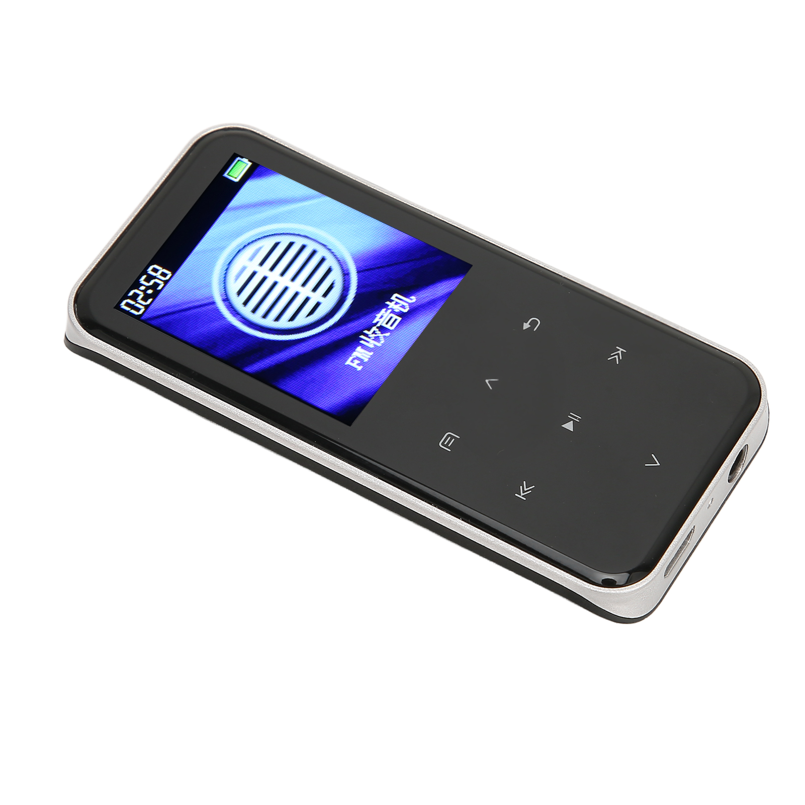 Ein schwarz-silberner MP3-Player, der einen Bildschirm mit Grafik und Bedientasten zeigt.